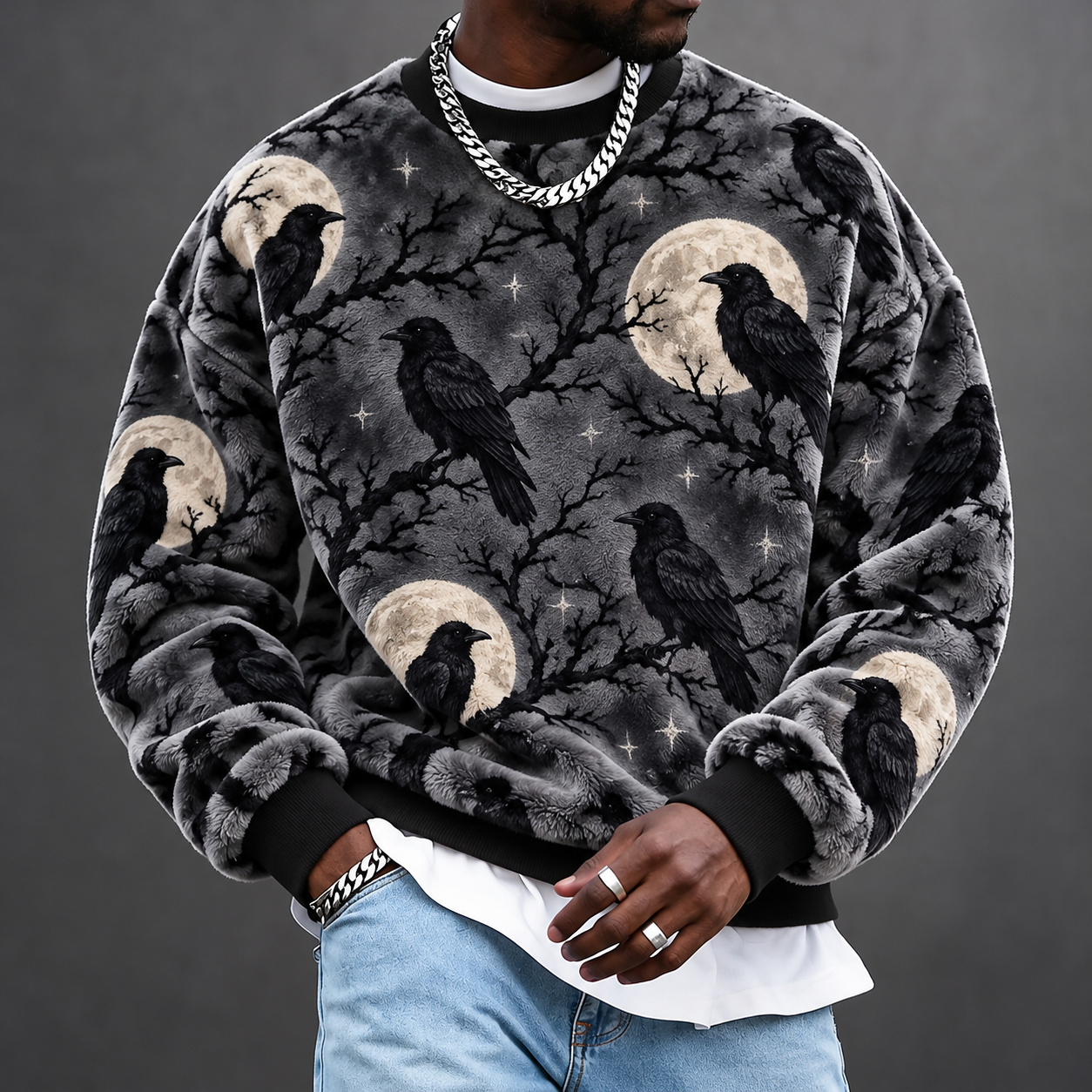 Men's Gothic Moon & Dark Floral Print Crewneck Sweatshirt