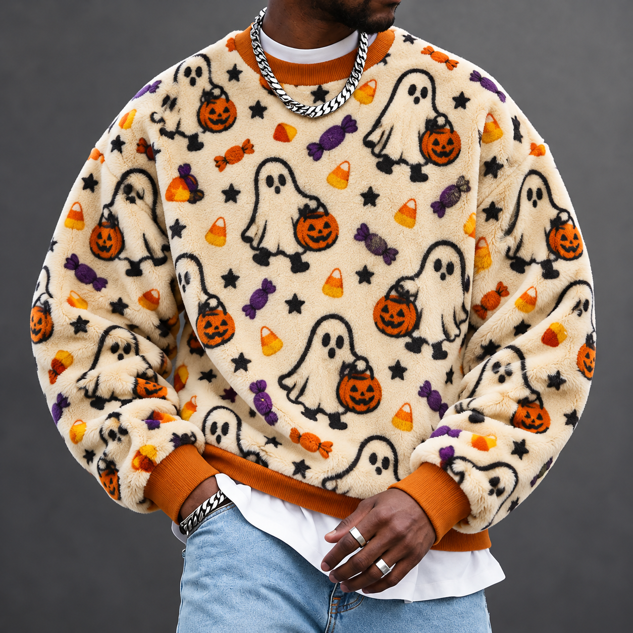 Men's Halloween Ghost & Pumpkin All-Over Print Sweatshirt