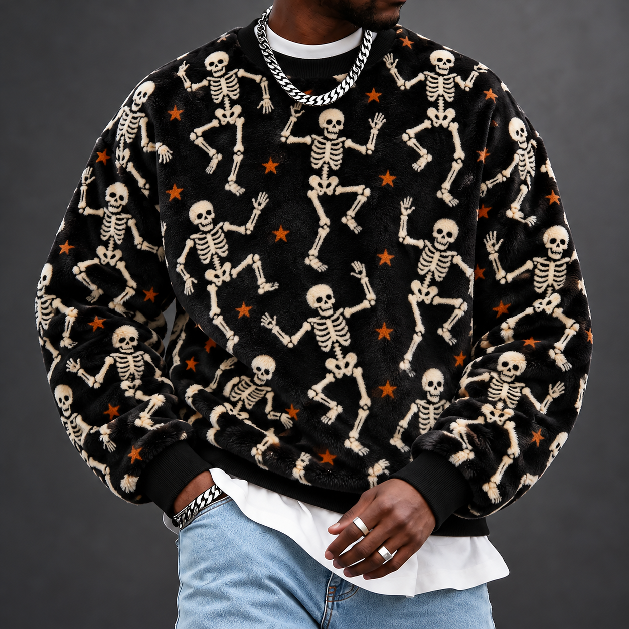 Men's Halloween Skeleton & Bone Print Crewneck Sweatshirt