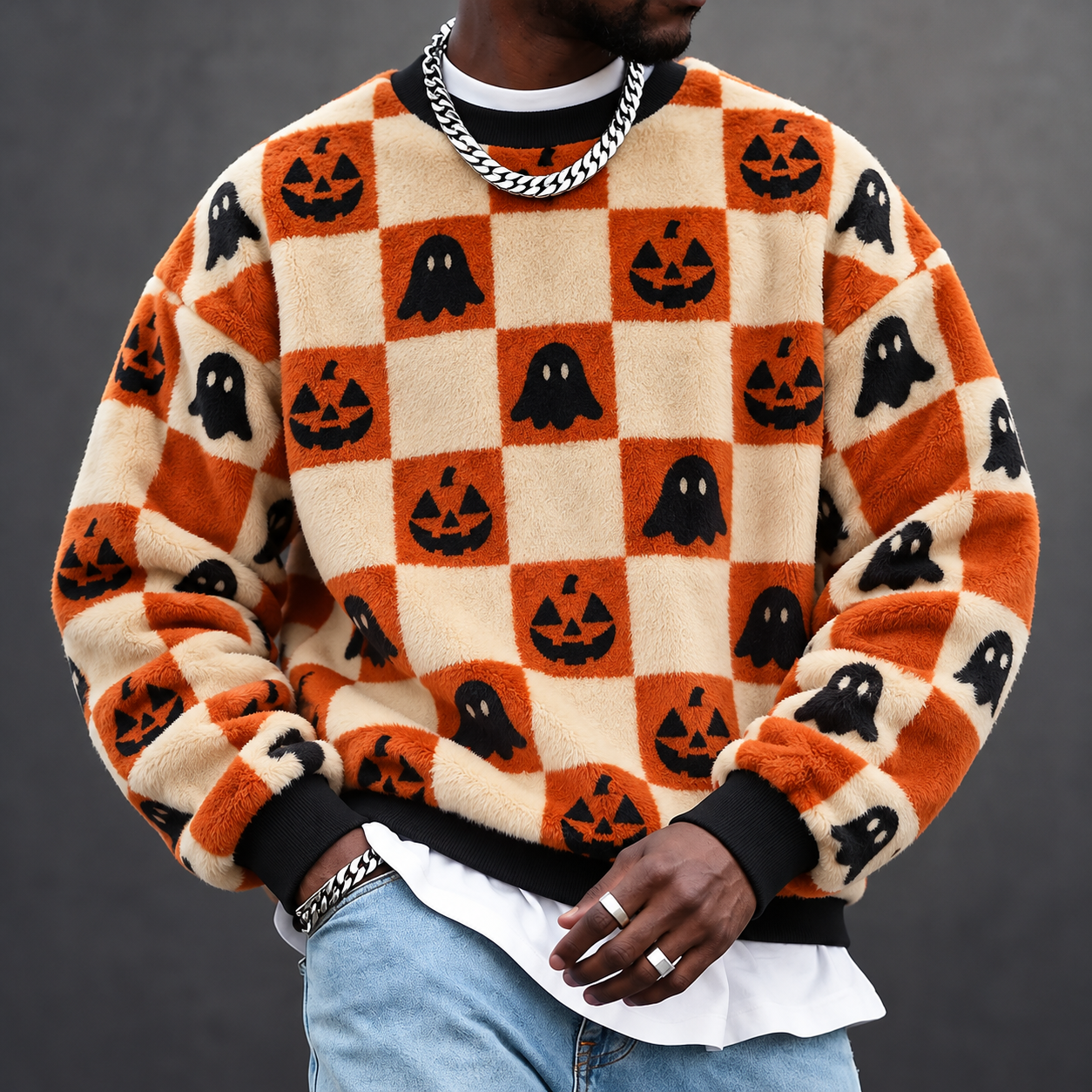 Men's Orange Halloween Pumpkin Checkerboard Sweatshirt