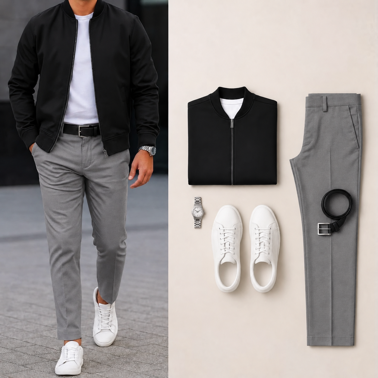 Men’s Full-Zip Bomber Jacket & Straight-Leg Pants  2-Piece Casual Outfit