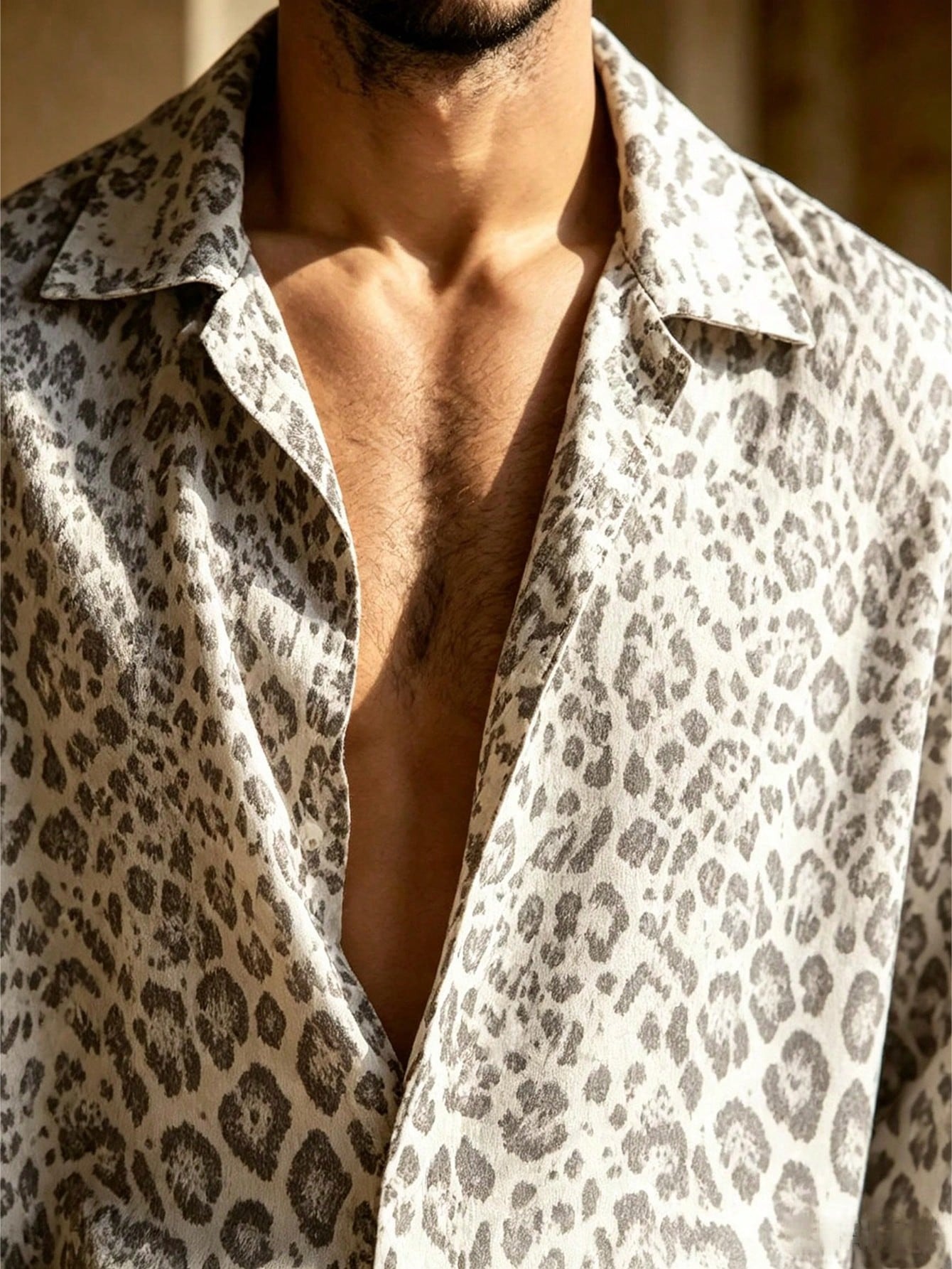 Men's Brown And White Wavy Artistic Print Long Sleeve Shirt With Turn-Down Collar + Drawstring Wide-Leg Trousers Two-Piece Set