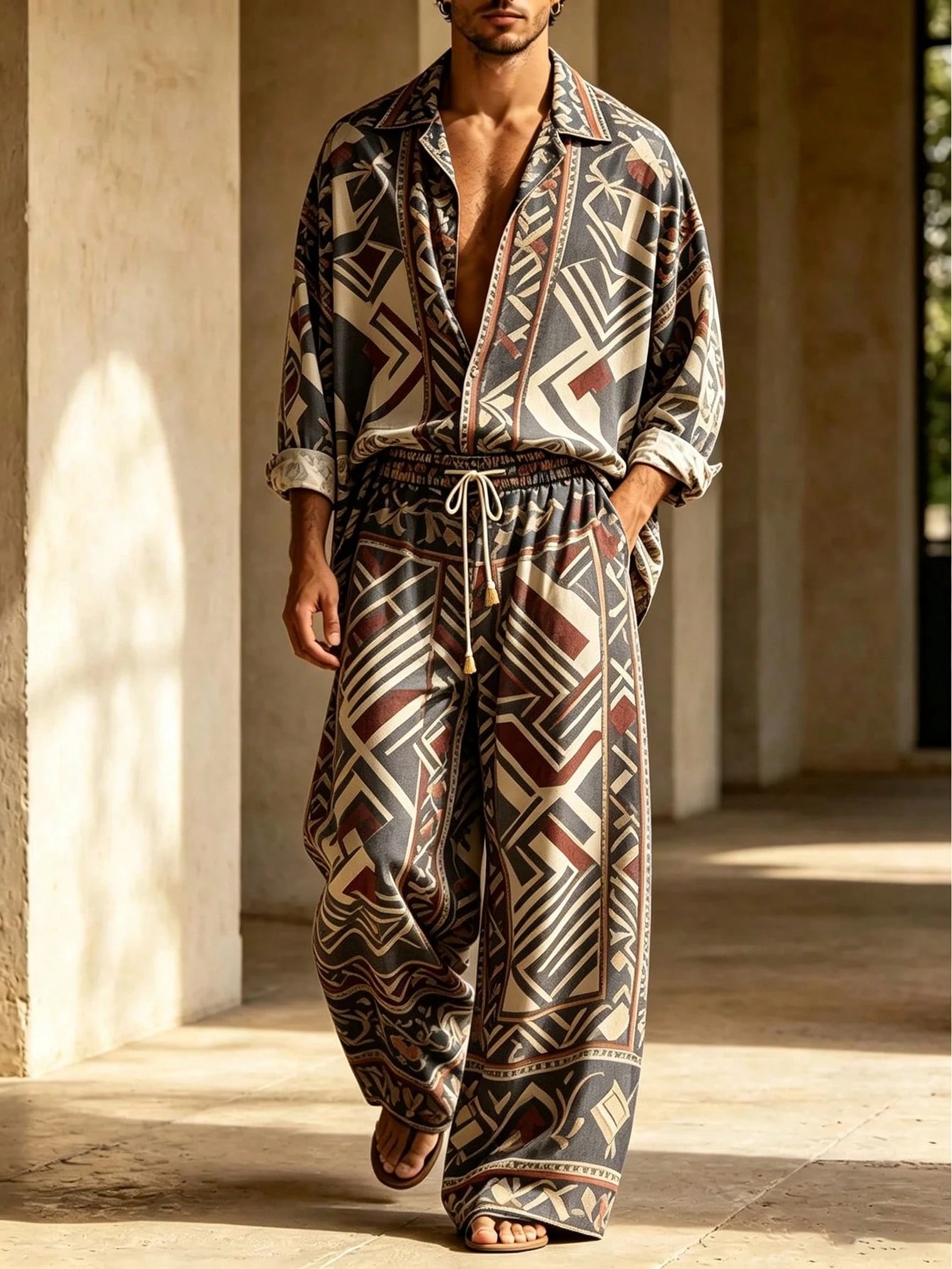 Men's Casual  Artistic Print Long-Sleeve Shirt And Wide-Leg Pants Two-Piece Set