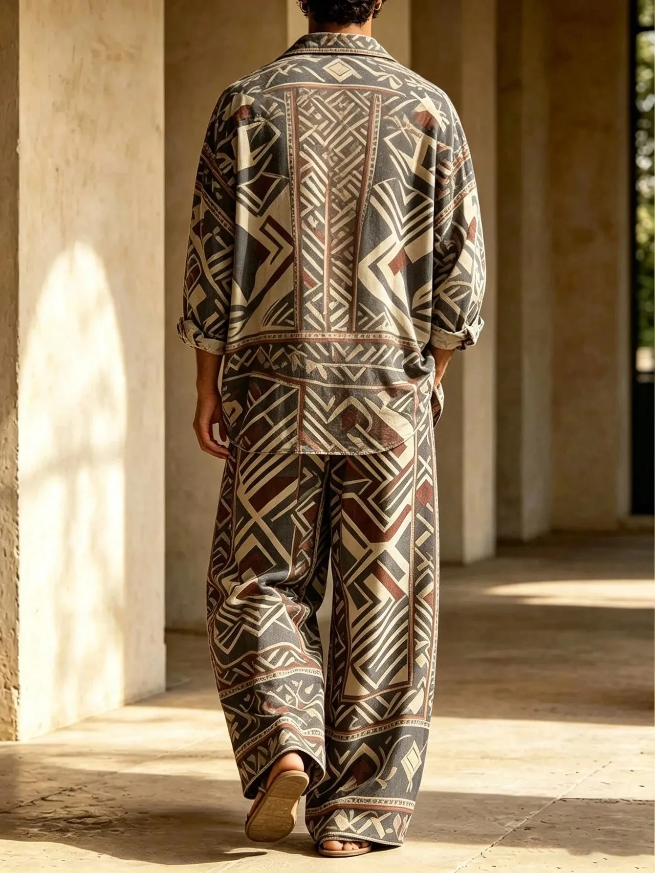 Men's Casual  Artistic Print Long-Sleeve Shirt And Wide-Leg Pants Two-Piece Set