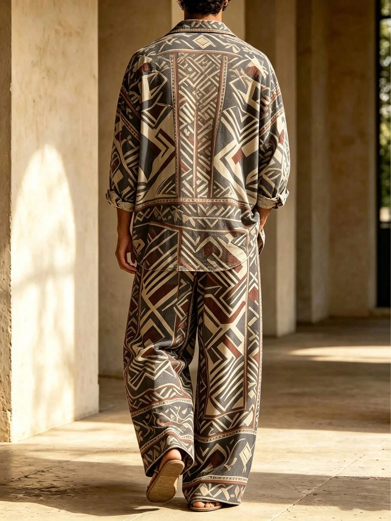 Men's Casual  Artistic Print Long-Sleeve Shirt And Wide-Leg Pants Two-Piece Set