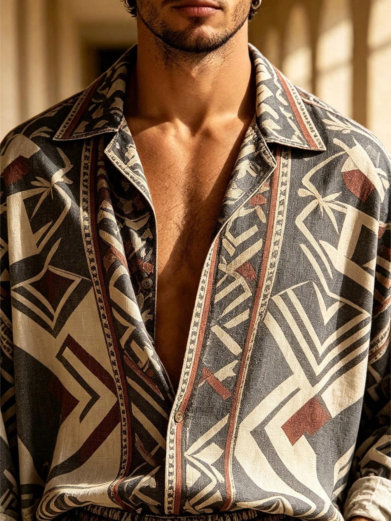 Men's Casual  Artistic Print Long-Sleeve Shirt And Wide-Leg Pants Two-Piece Set