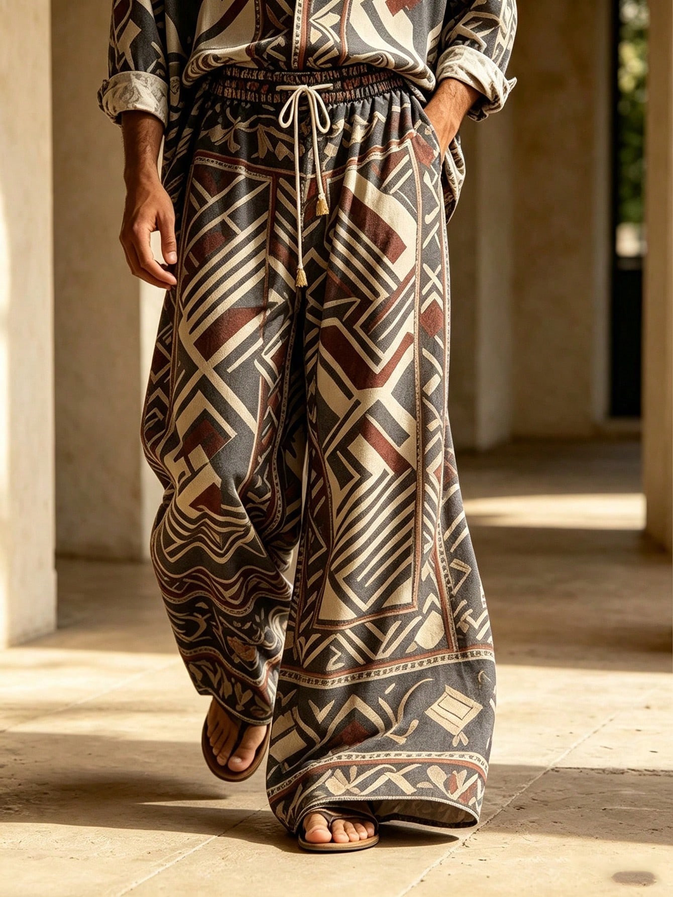 Men's Casual  Artistic Print Long-Sleeve Shirt And Wide-Leg Pants Two-Piece Set