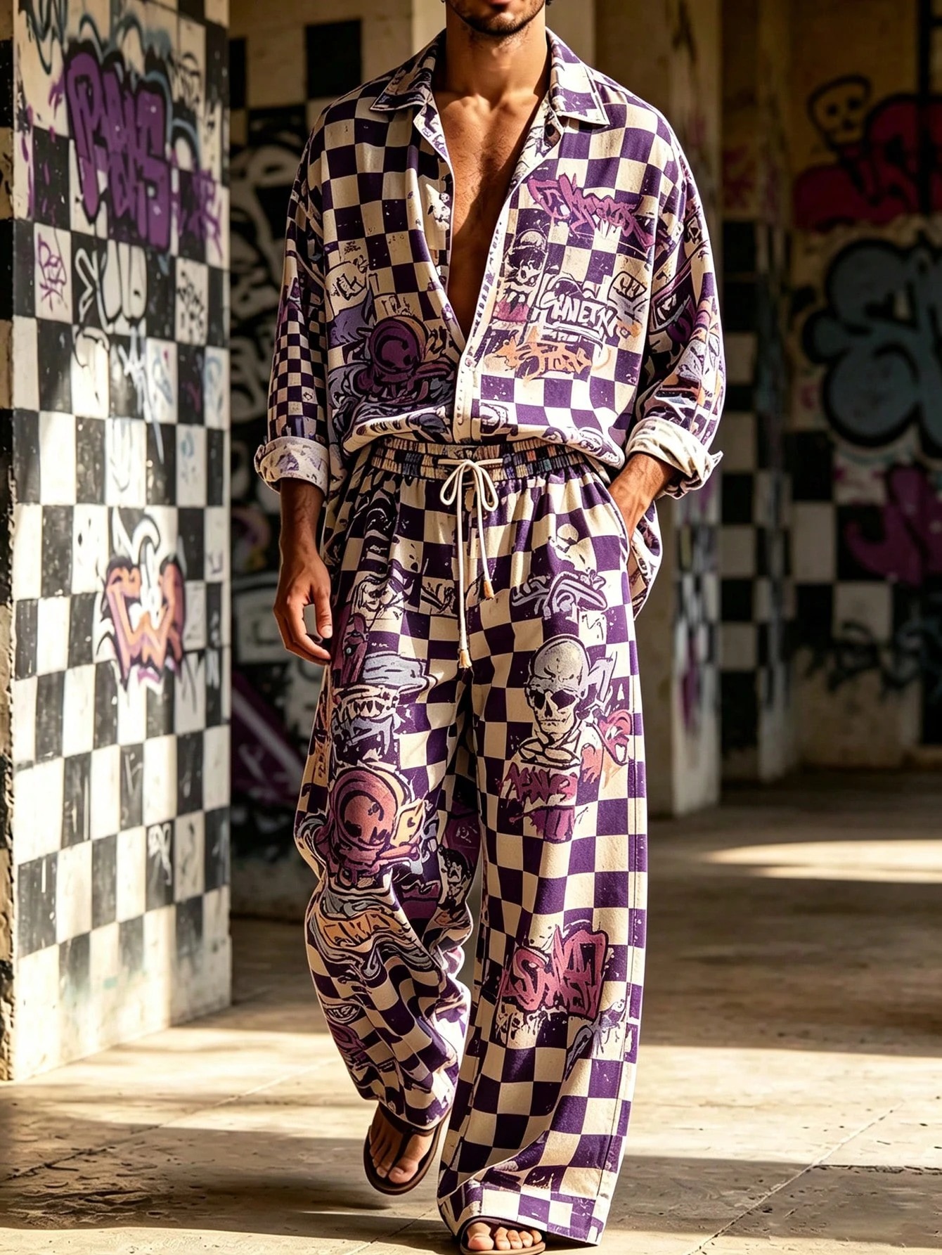 Men's Casual  Artistic Print Long-Sleeve Shirt And Wide-Leg Pants Two-Piece Set