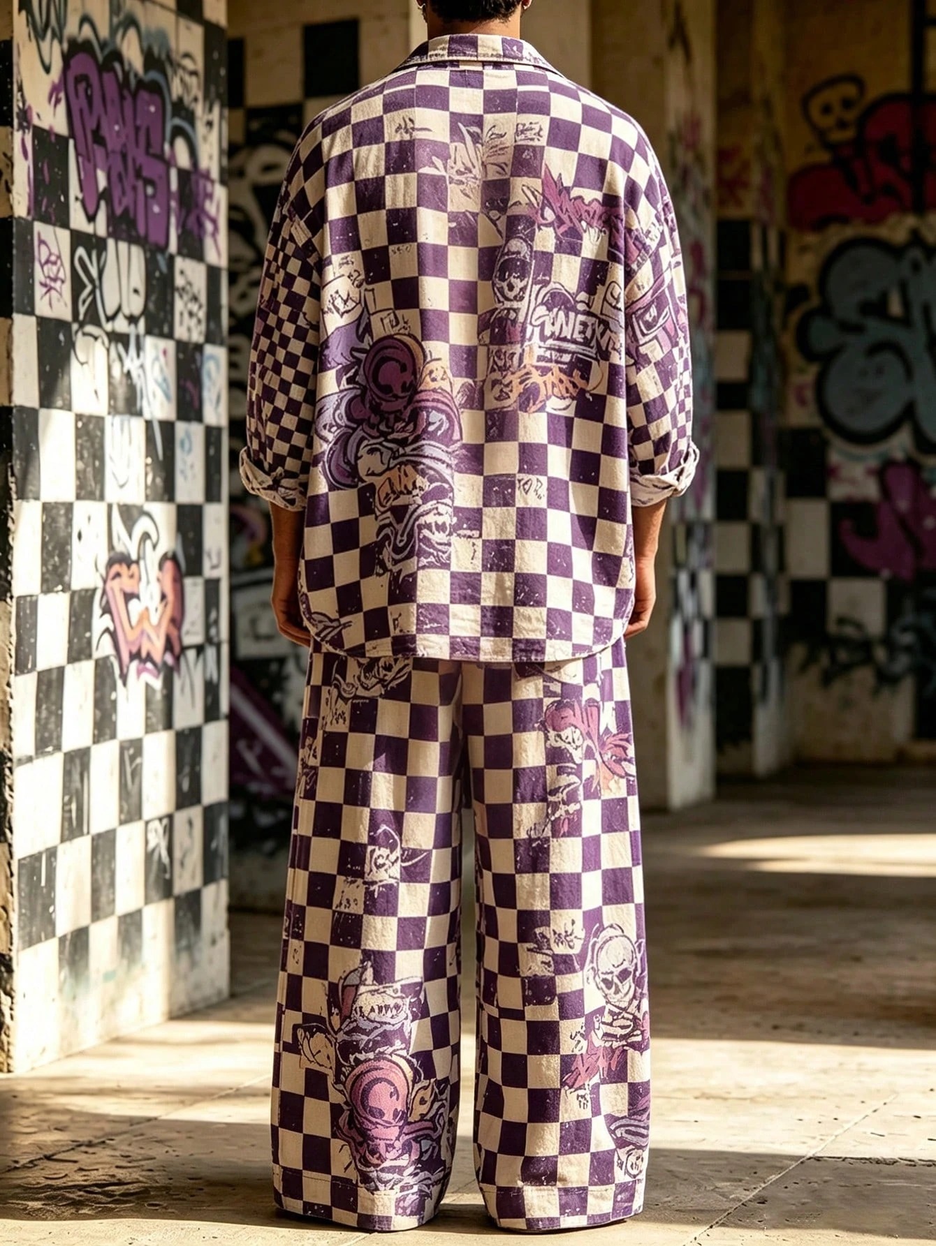 Men's Casual  Artistic Print Long-Sleeve Shirt And Wide-Leg Pants Two-Piece Set
