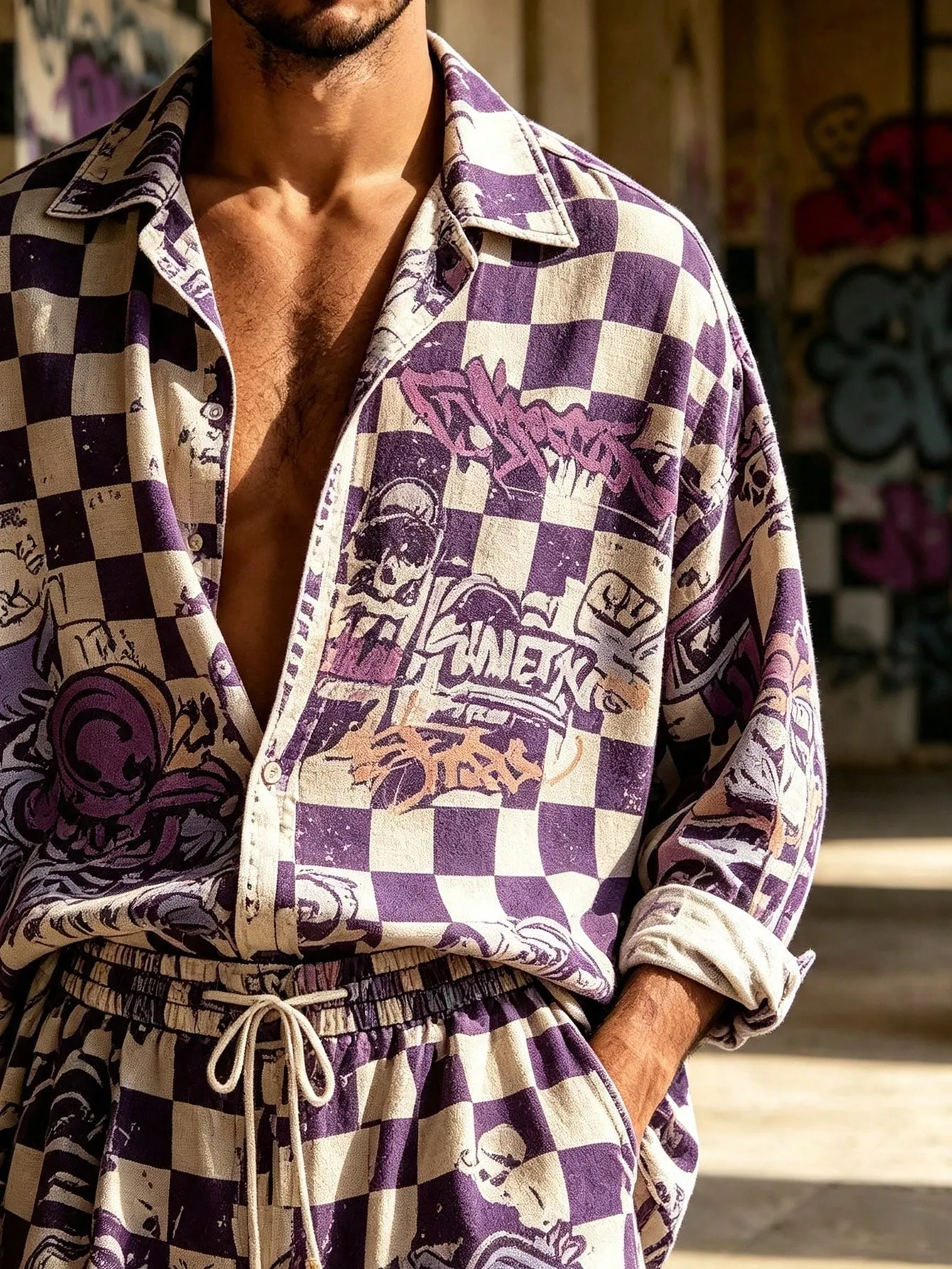 Men's Casual  Artistic Print Long-Sleeve Shirt And Wide-Leg Pants Two-Piece Set