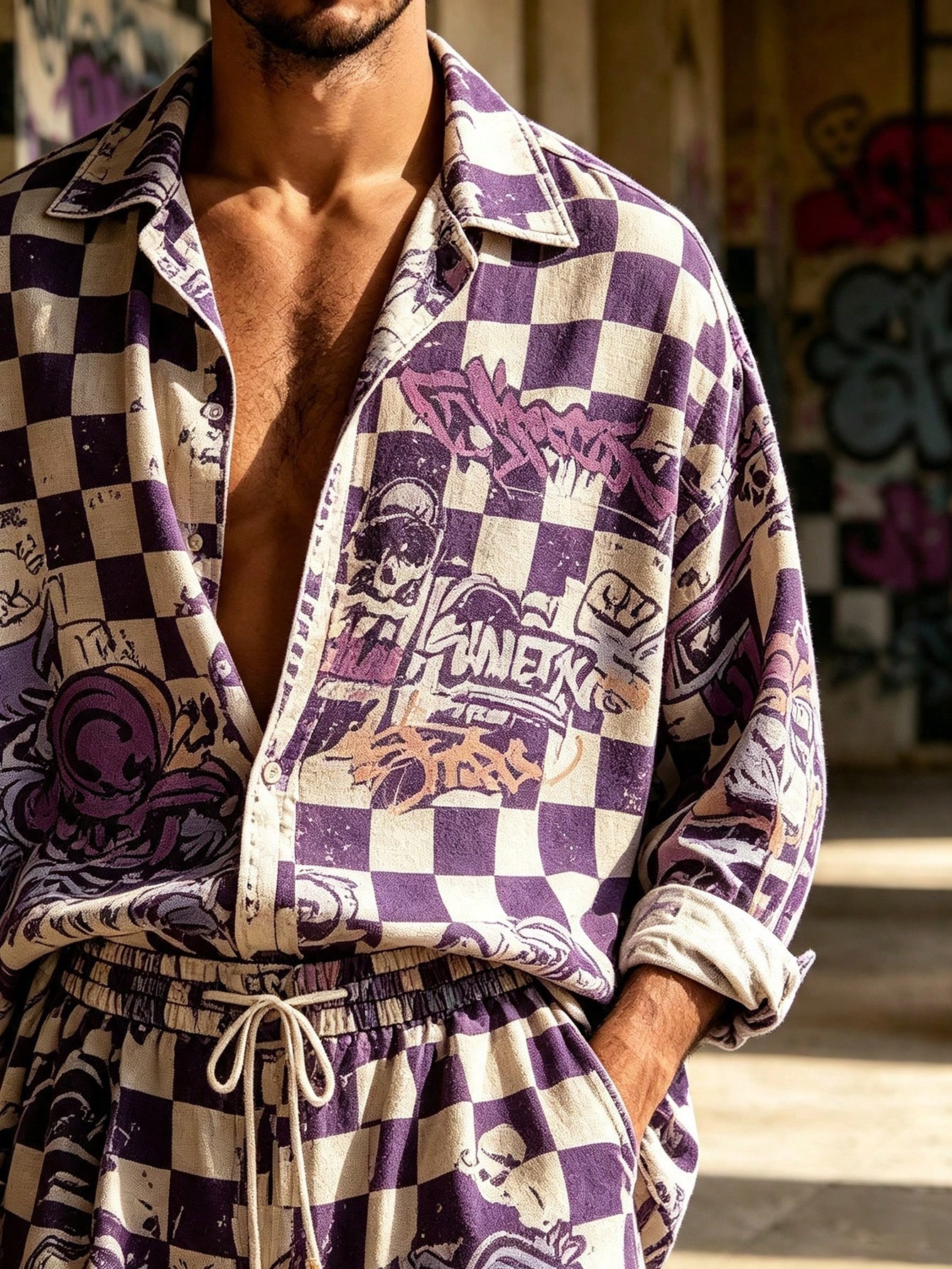 Men's Casual  Artistic Print Long-Sleeve Shirt And Wide-Leg Pants Two-Piece Set