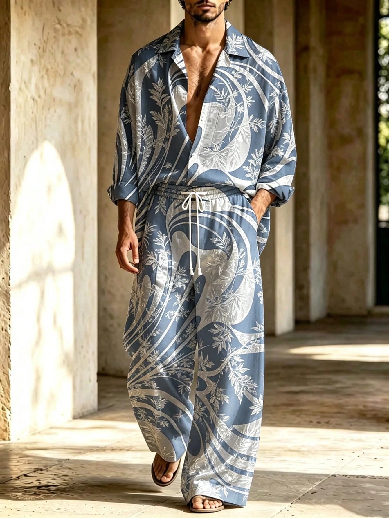Men's Casual  Artistic Print Long-Sleeve Shirt And Wide-Leg Pants Two-Piece Set