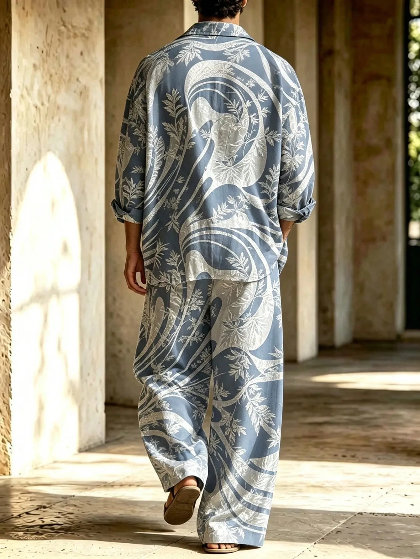 Men's Casual  Artistic Print Long-Sleeve Shirt And Wide-Leg Pants Two-Piece Set