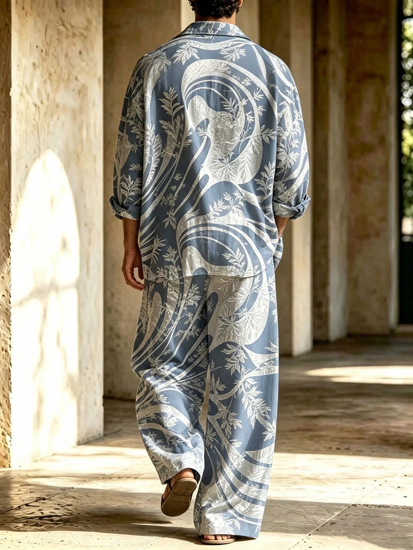 Men's Casual  Artistic Print Long-Sleeve Shirt And Wide-Leg Pants Two-Piece Set