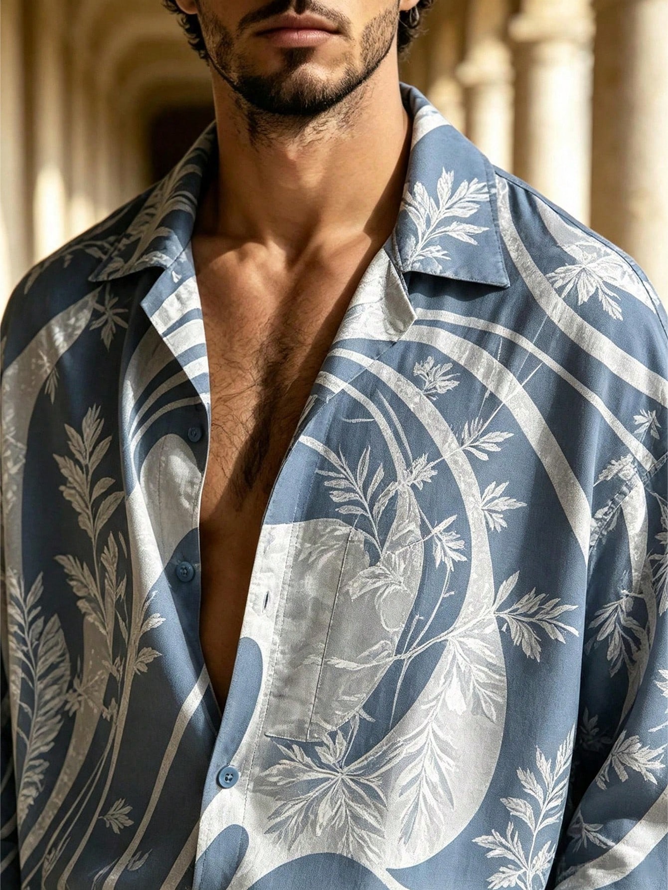 Men's Casual  Artistic Print Long-Sleeve Shirt And Wide-Leg Pants Two-Piece Set