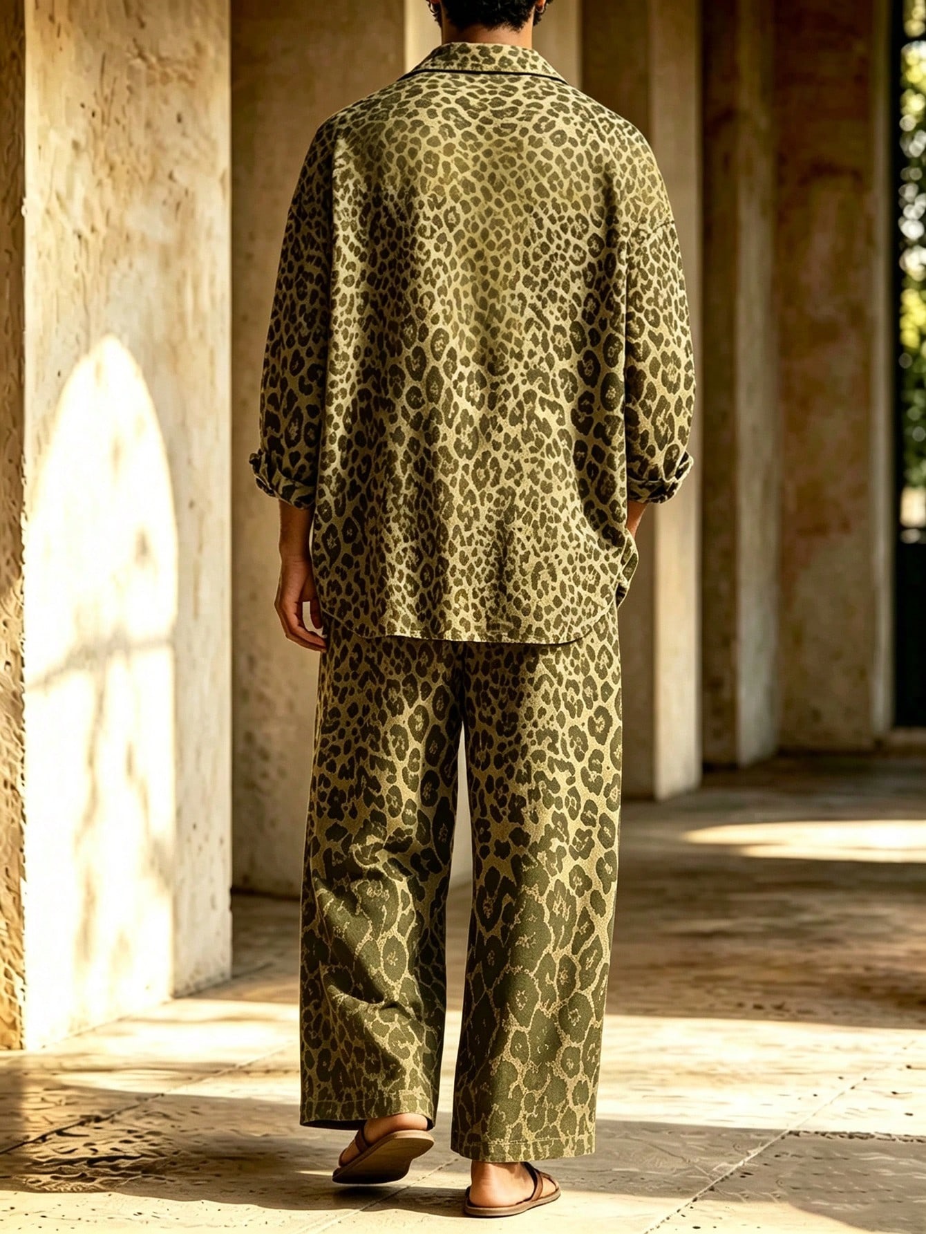 Men's Casual  Artistic Print Long-Sleeve Shirt And Wide-Leg Pants Two-Piece Set