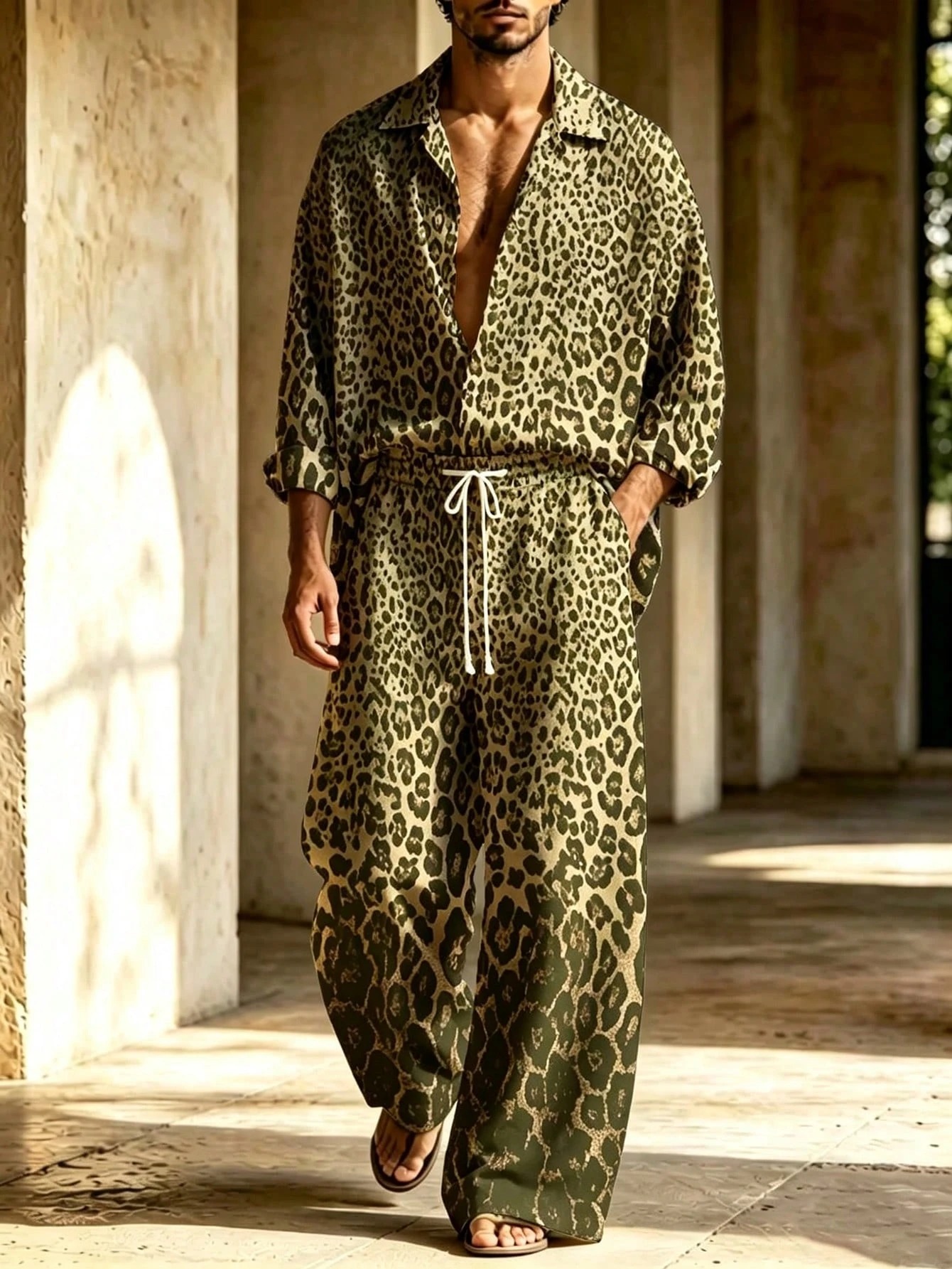 Men's Casual  Artistic Print Long-Sleeve Shirt And Wide-Leg Pants Two-Piece Set