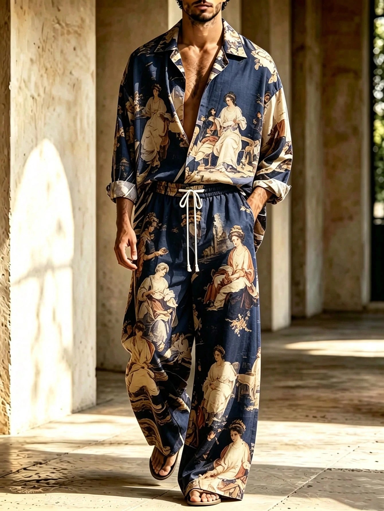 Men's Casual  Artistic Print Long-Sleeve Shirt And Wide-Leg Pants Two-Piece Set