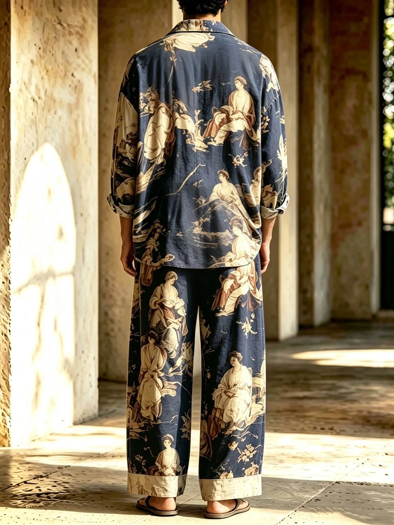 Men's Casual  Artistic Print Long-Sleeve Shirt And Wide-Leg Pants Two-Piece Set