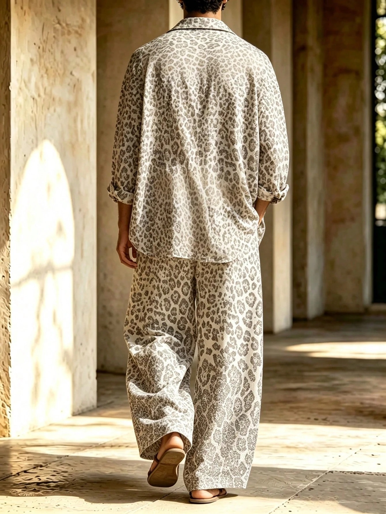 Men's Brown And White Wavy Artistic Print Long Sleeve Shirt With Turn-Down Collar + Drawstring Wide-Leg Trousers Two-Piece Set