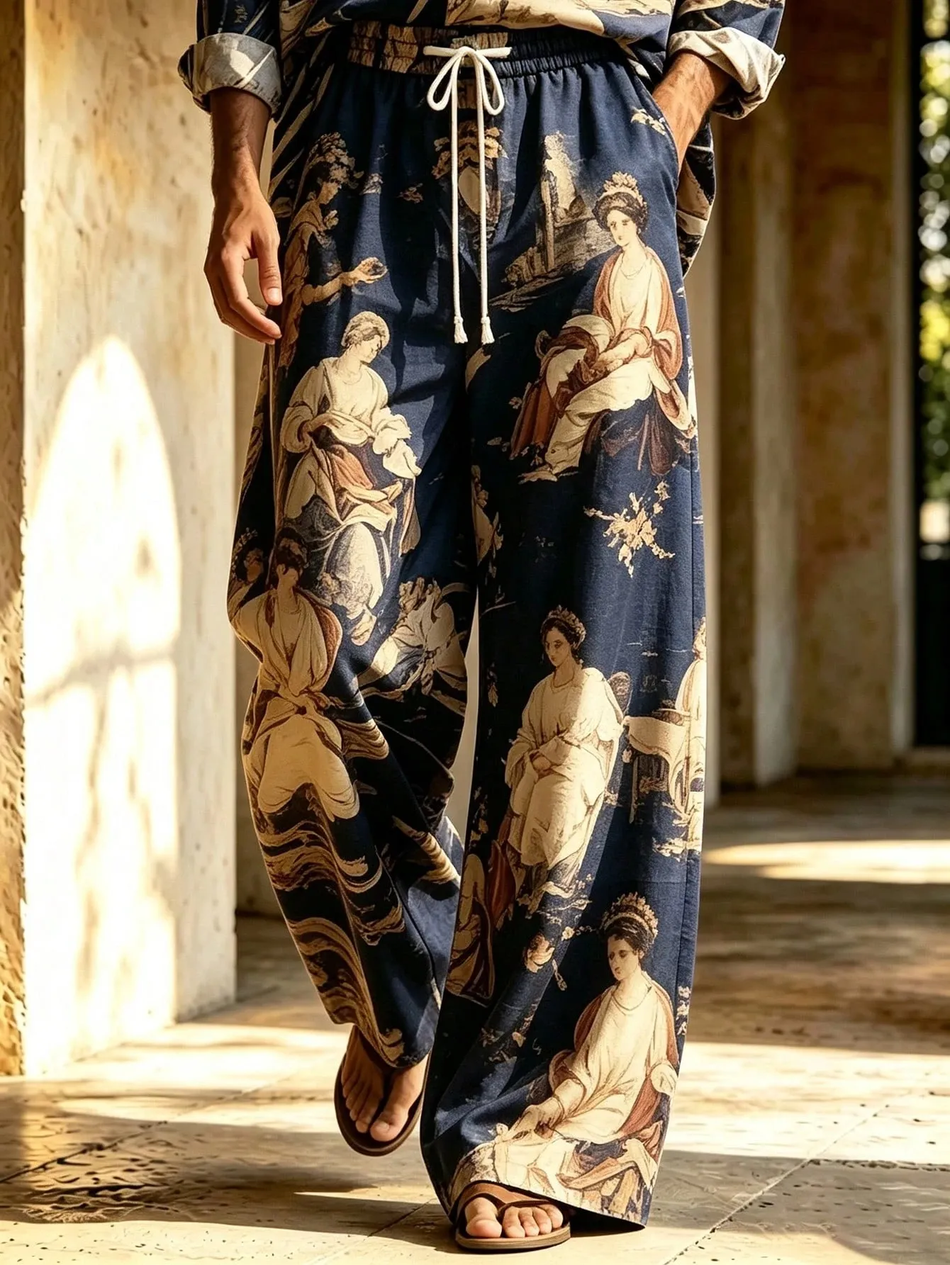 Men's Casual  Artistic Print Long-Sleeve Shirt And Wide-Leg Pants Two-Piece Set