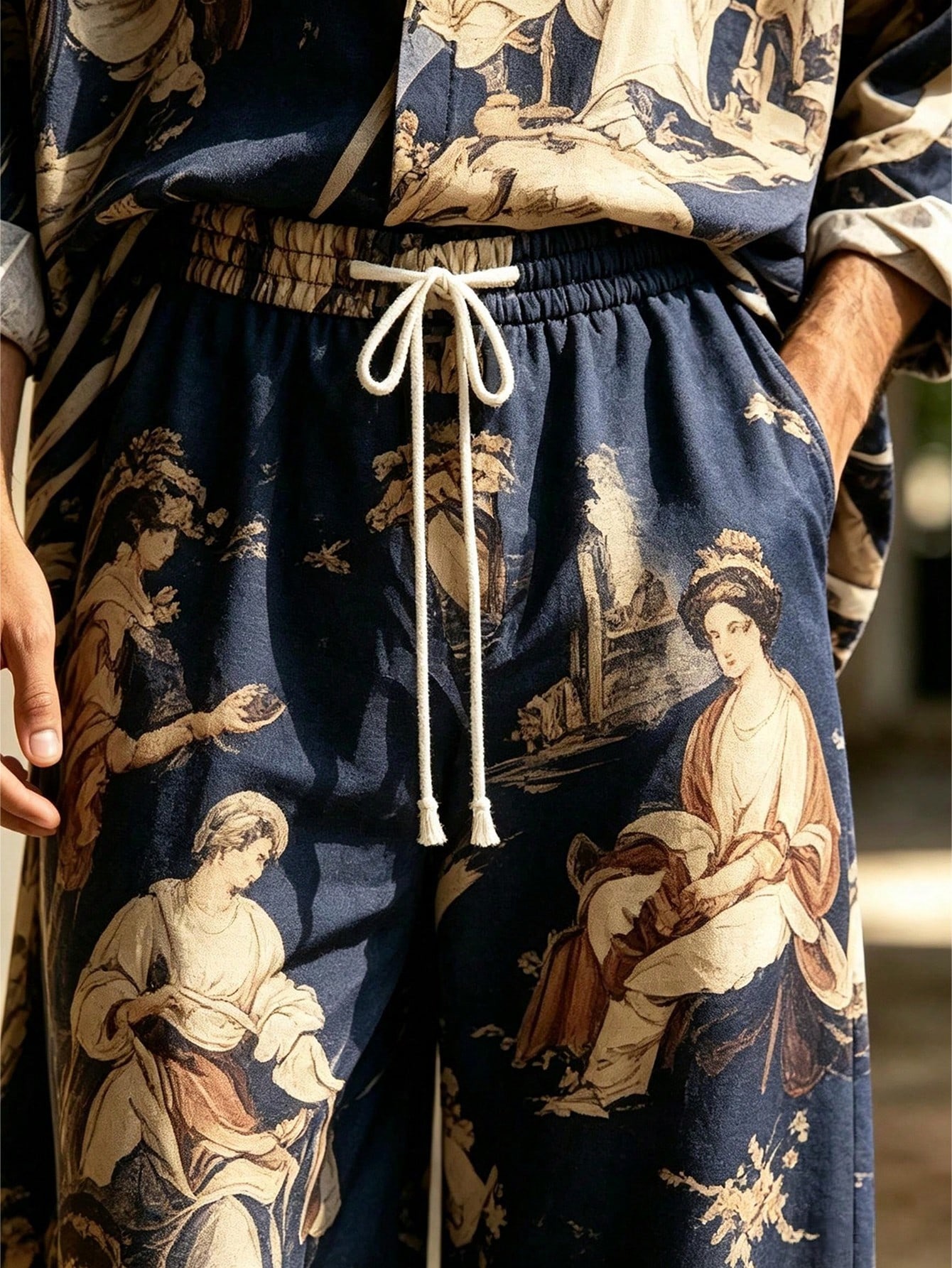 Men's Casual  Artistic Print Long-Sleeve Shirt And Wide-Leg Pants Two-Piece Set