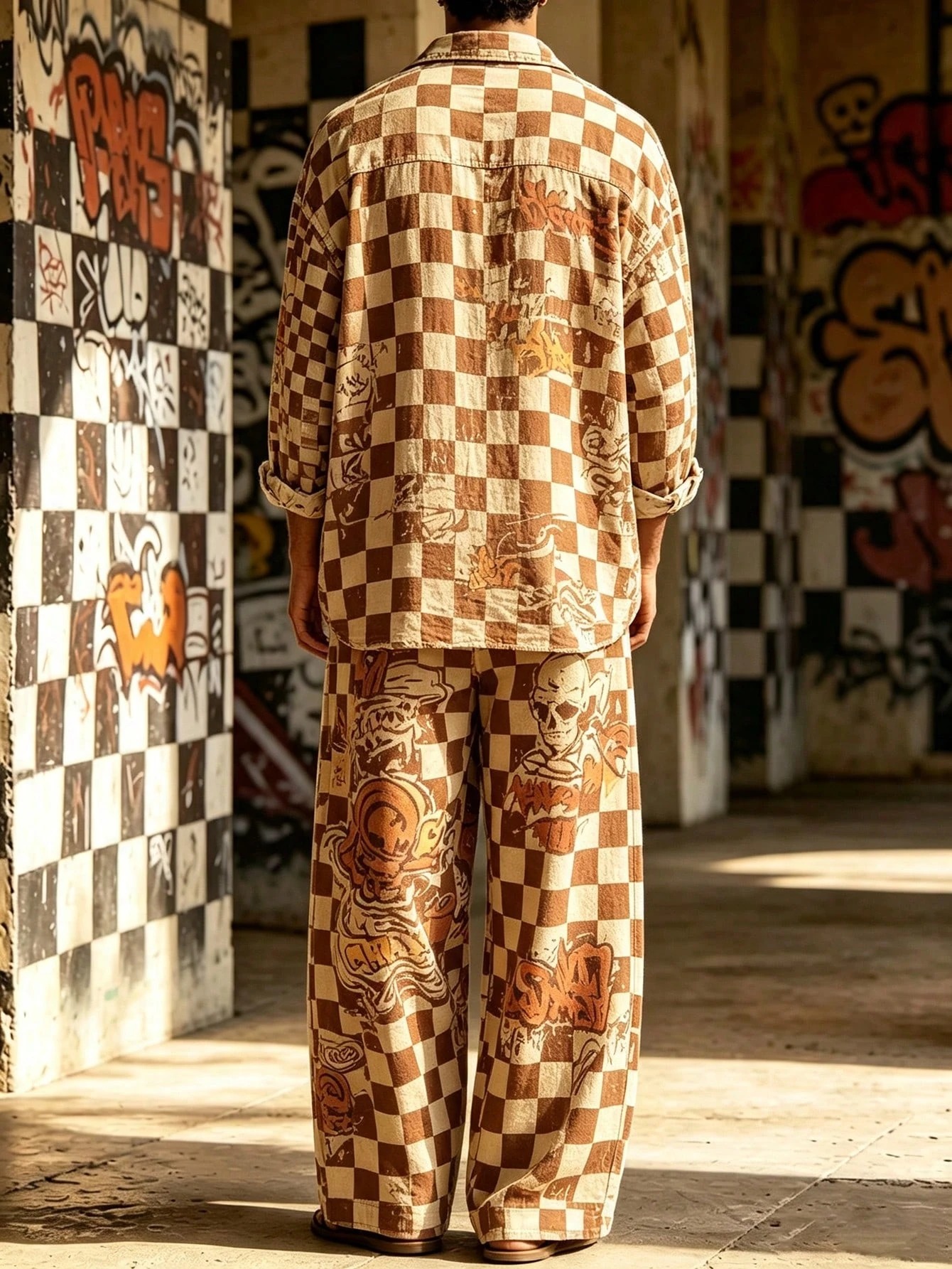 Men's Casual  Artistic Print Long-Sleeve Shirt And Wide-Leg Pants Two-Piece Set