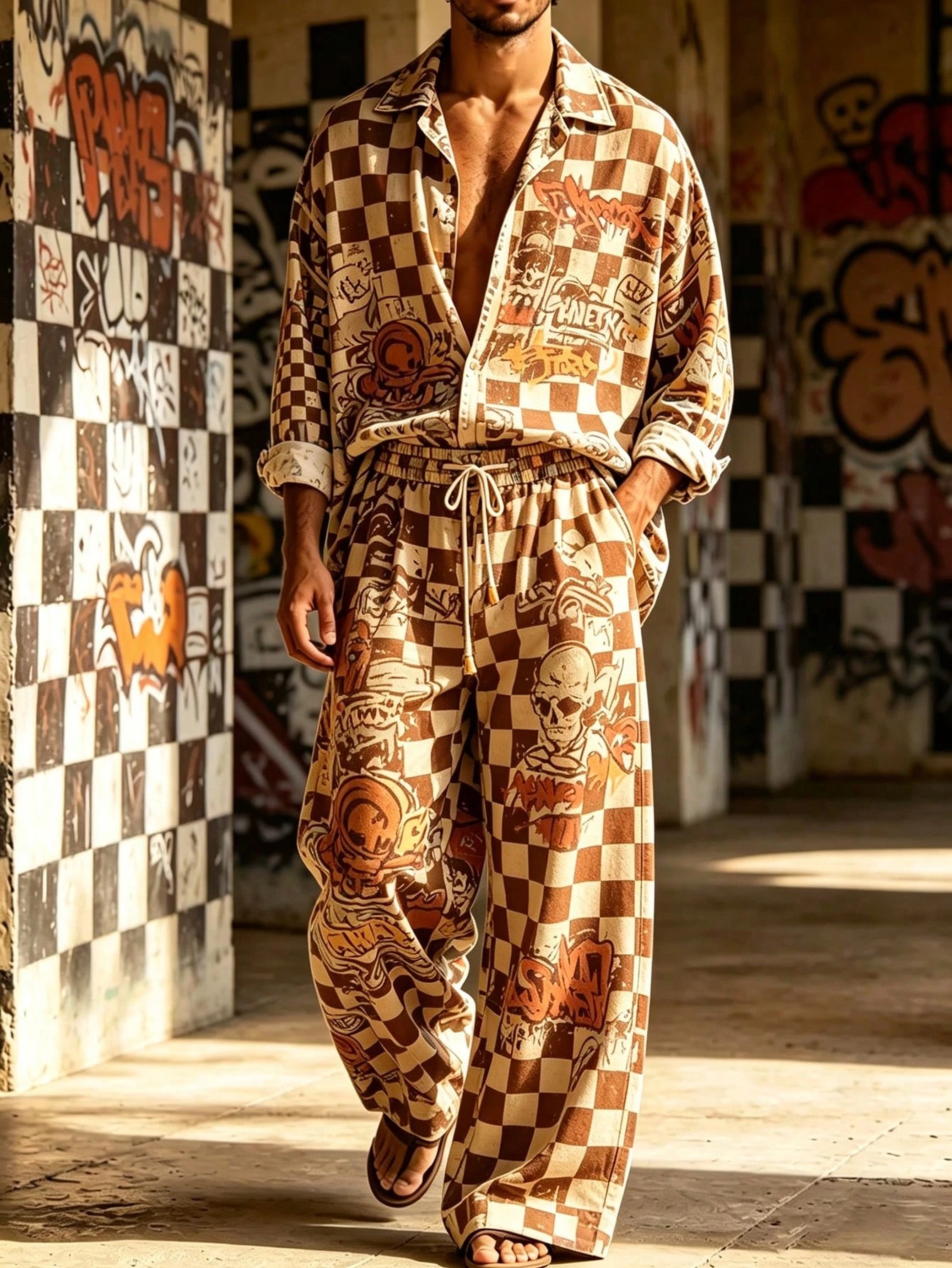 Men's Casual  Artistic Print Long-Sleeve Shirt And Wide-Leg Pants Two-Piece Set