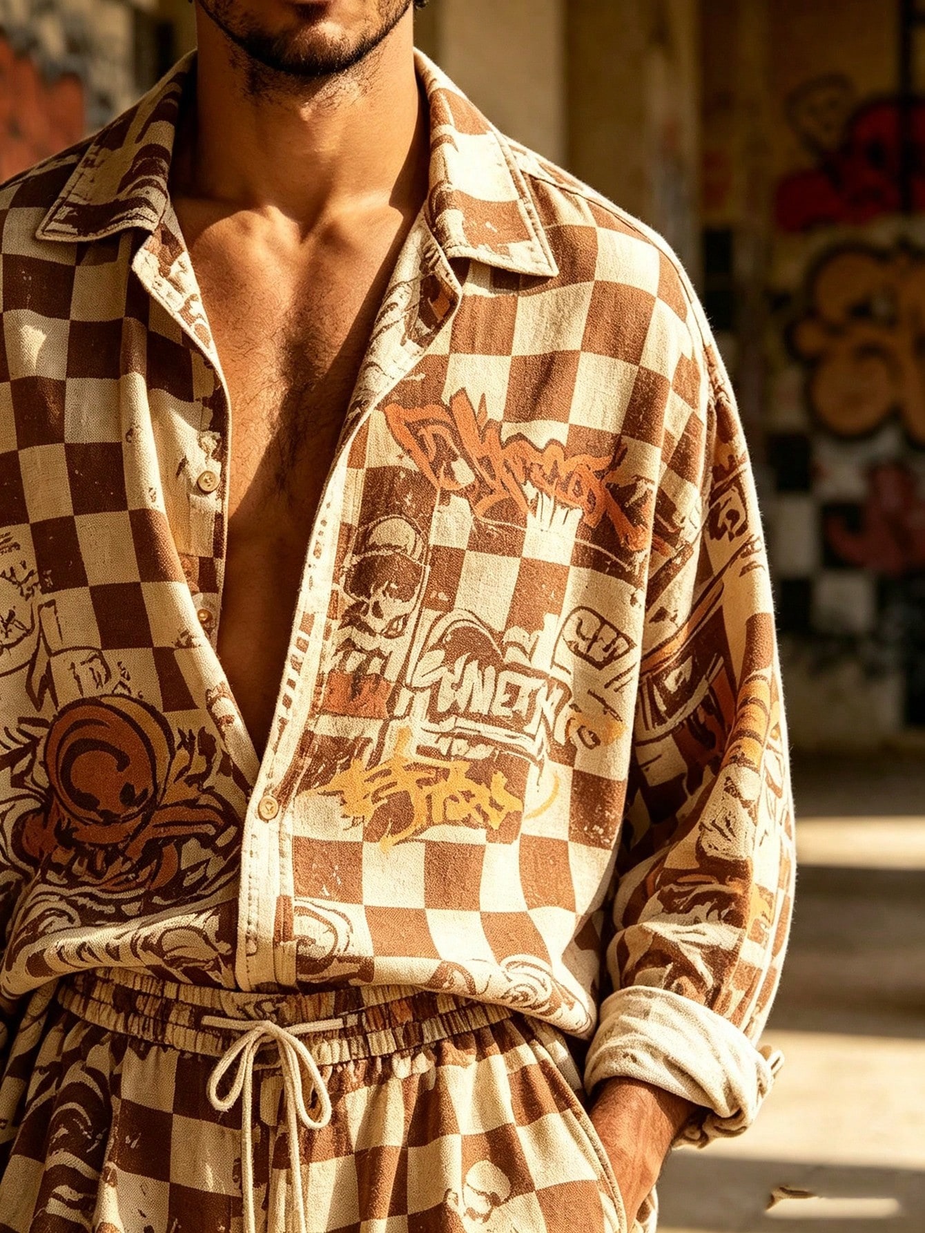 Men's Casual  Artistic Print Long-Sleeve Shirt And Wide-Leg Pants Two-Piece Set