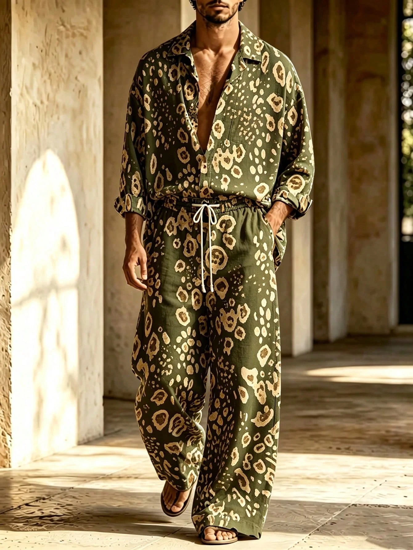 Men's Casual  Artistic Print Long-Sleeve Shirt And Wide-Leg Pants Two-Piece Set
