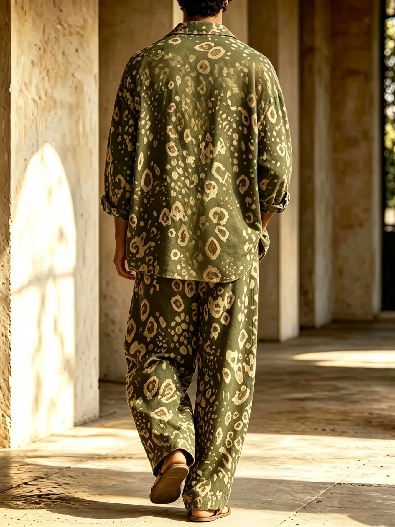 Men's Casual  Artistic Print Long-Sleeve Shirt And Wide-Leg Pants Two-Piece Set