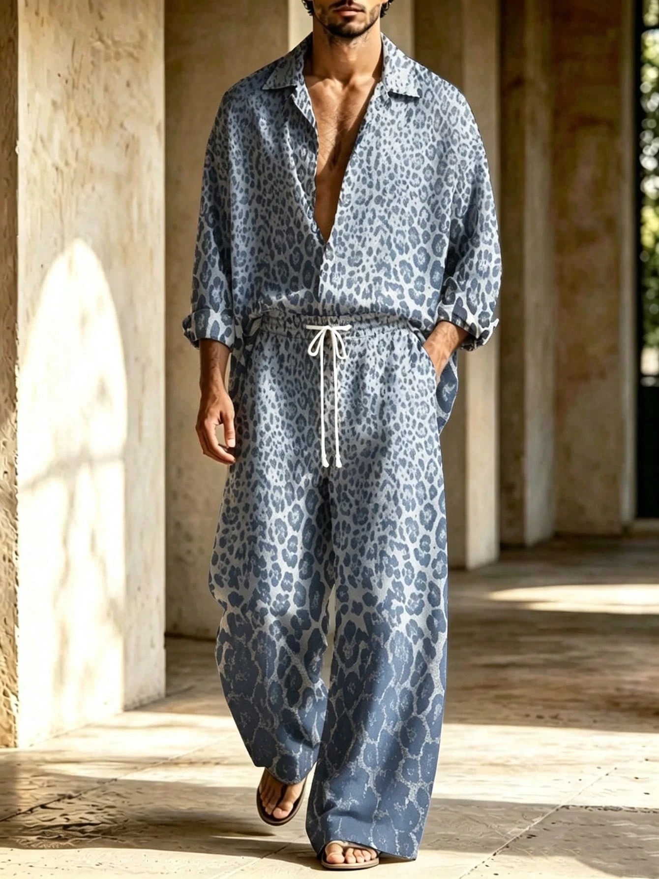 Men's Casual  Artistic Print Long-Sleeve Shirt And Wide-Leg Pants Two-Piece Set