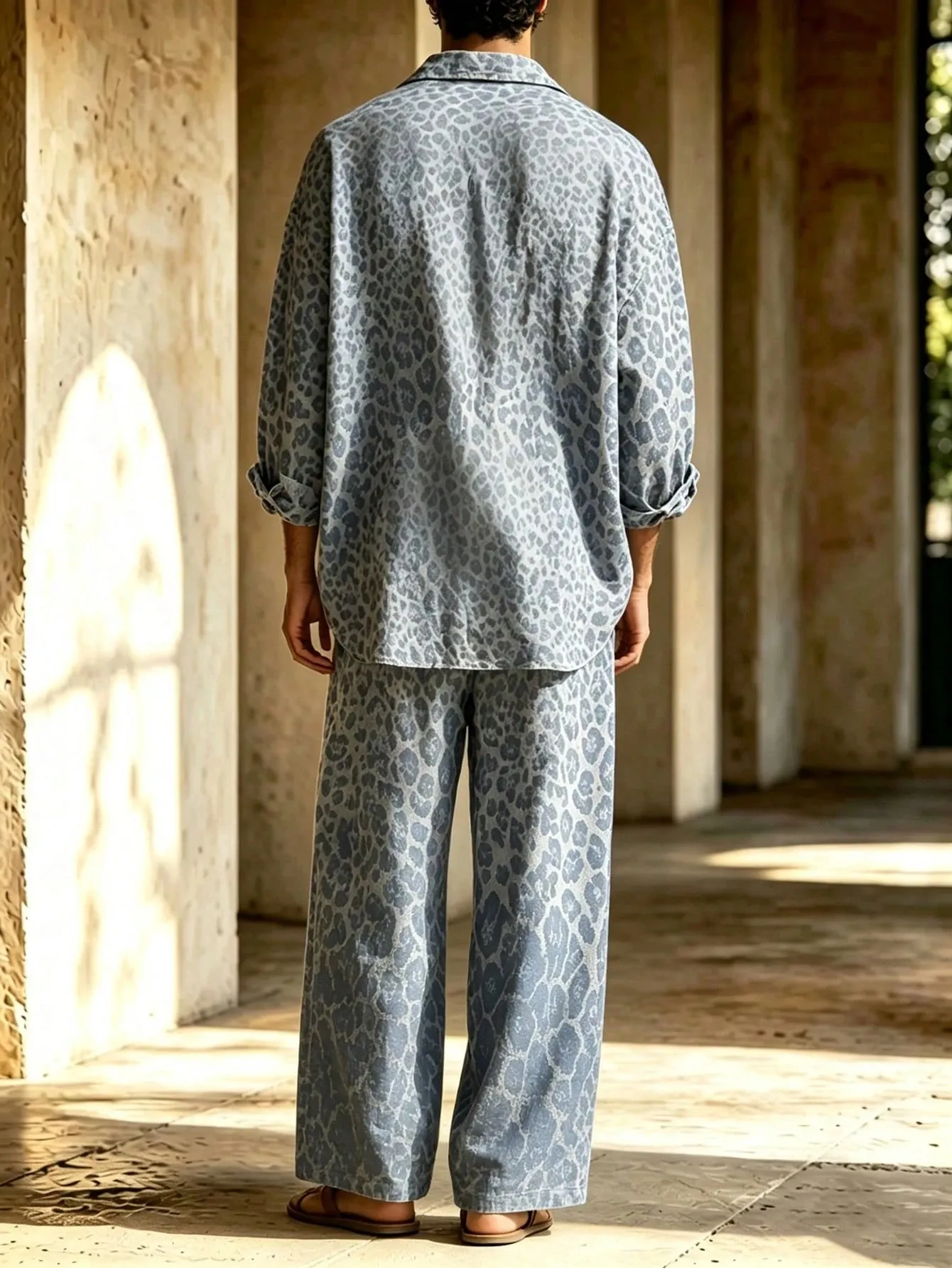 Men's Casual  Artistic Print Long-Sleeve Shirt And Wide-Leg Pants Two-Piece Set