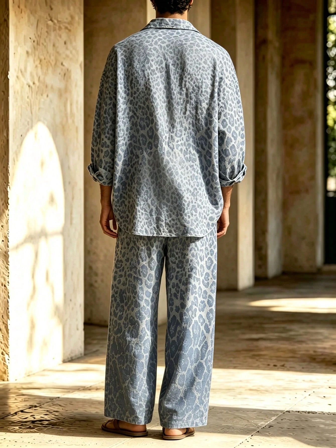 Men's Casual  Artistic Print Long-Sleeve Shirt And Wide-Leg Pants Two-Piece Set