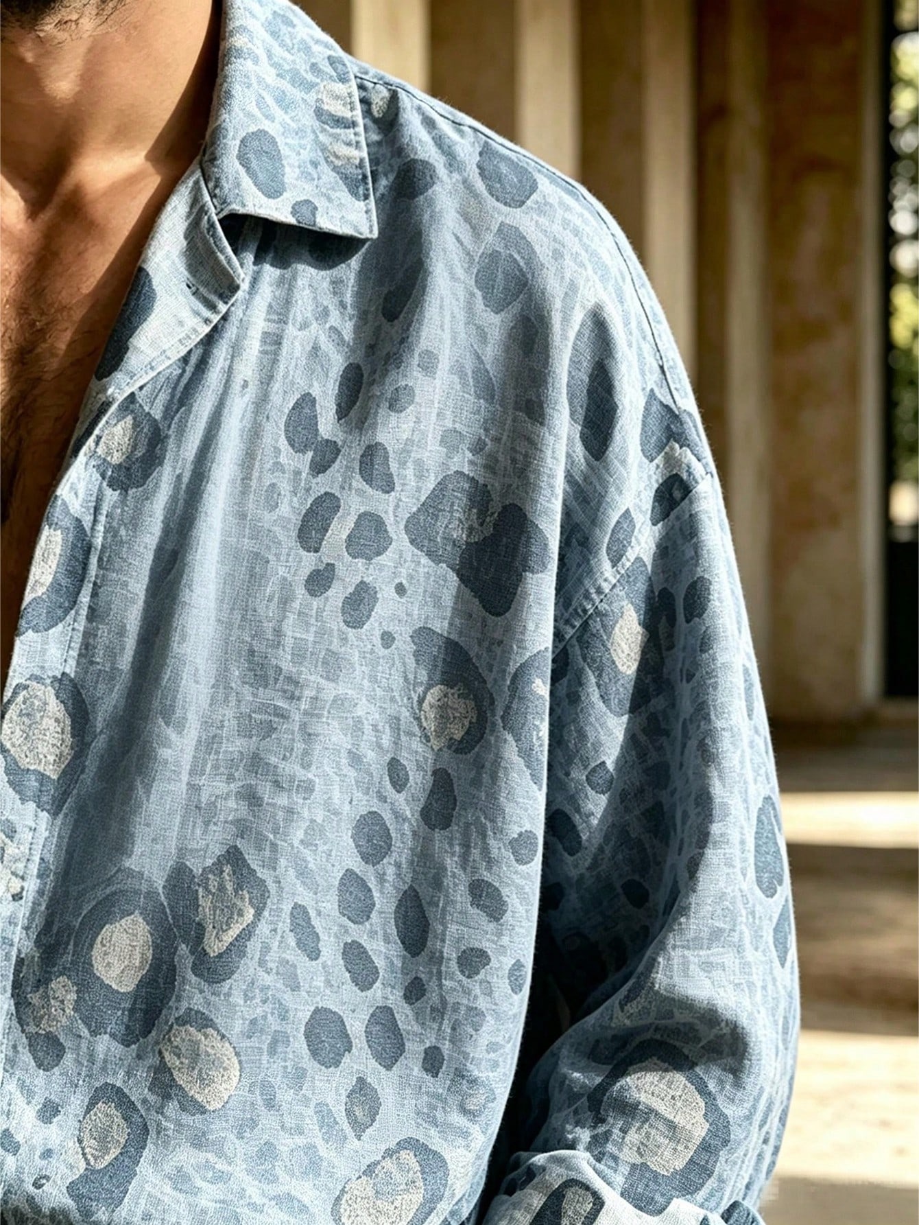 Men's Casual  Artistic Print Long-Sleeve Shirt And Wide-Leg Pants Two-Piece Set