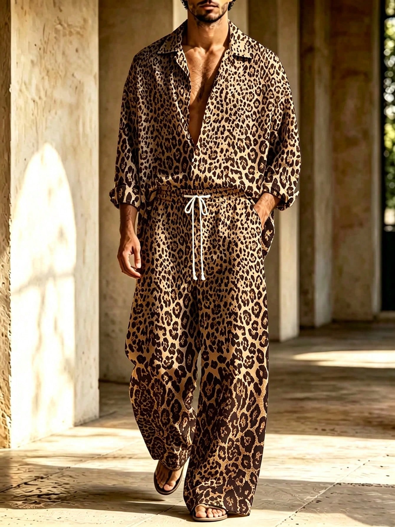 Men's Casual  Leopard Print Long-Sleeve Shirt And Wide-Leg Pants Two-Piece Set