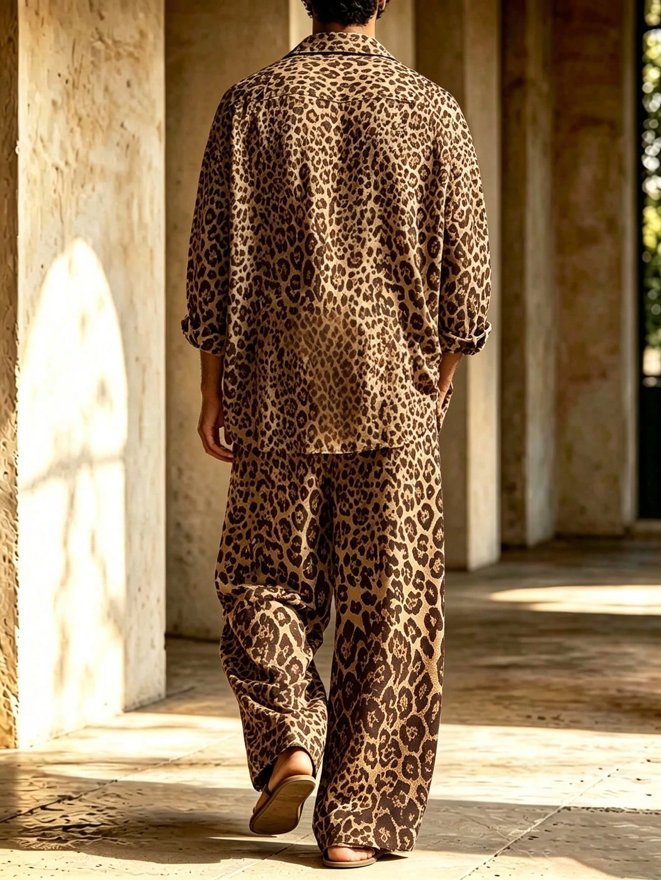 Men's Casual  Leopard Print Long-Sleeve Shirt And Wide-Leg Pants Two-Piece Set