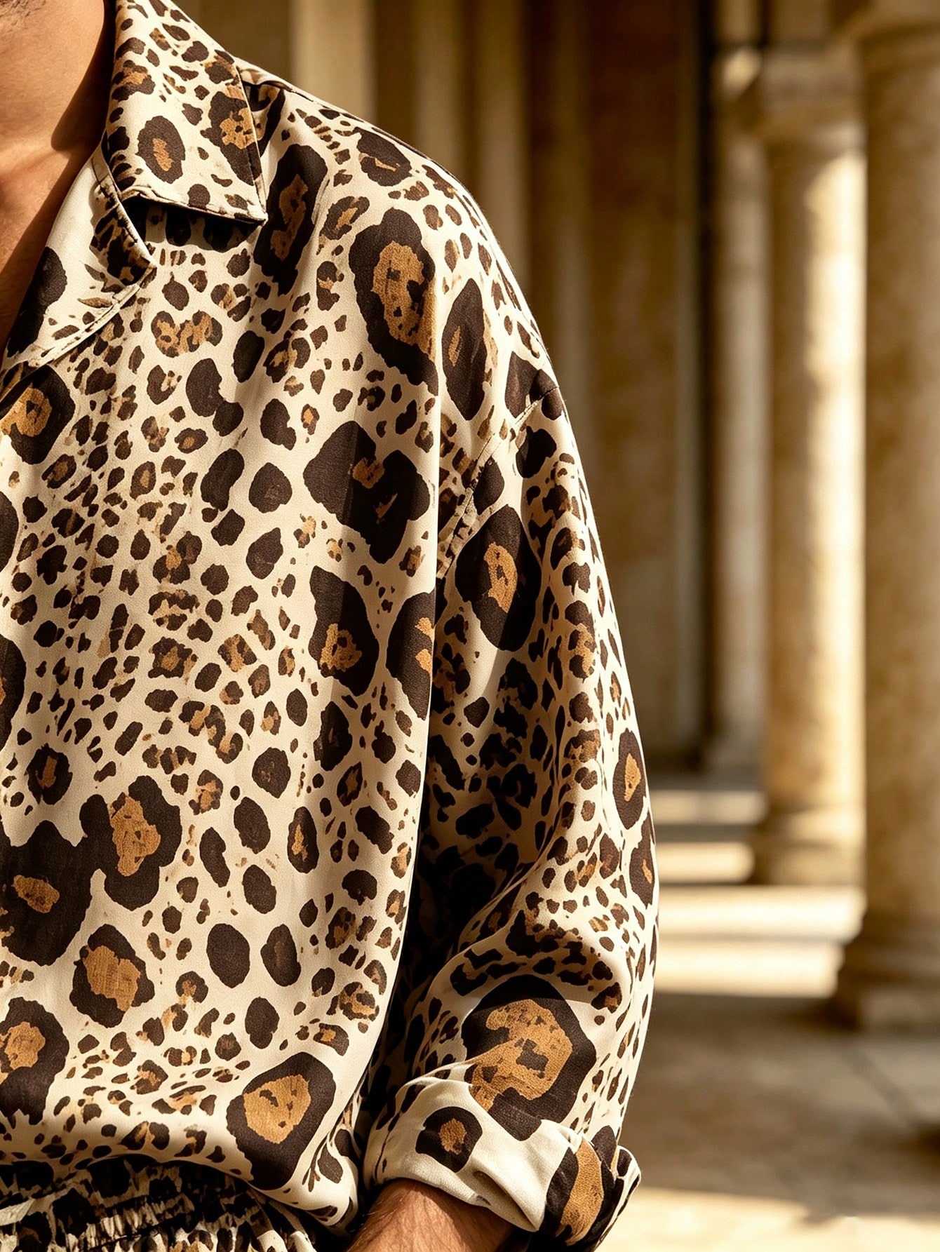 Men's Casual  Leopard Print Long-Sleeve Shirt And Wide-Leg Pants Two-Piece Set