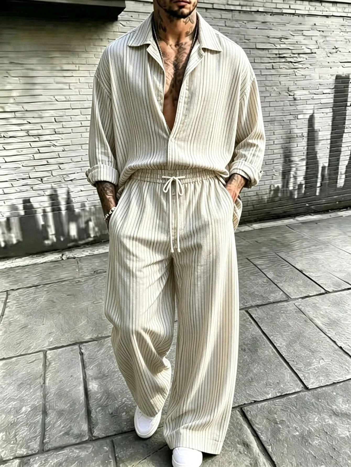 Men's Casual  Striped Print Long-Sleeve Shirt And Wide-Leg Pants Two-Piece Set