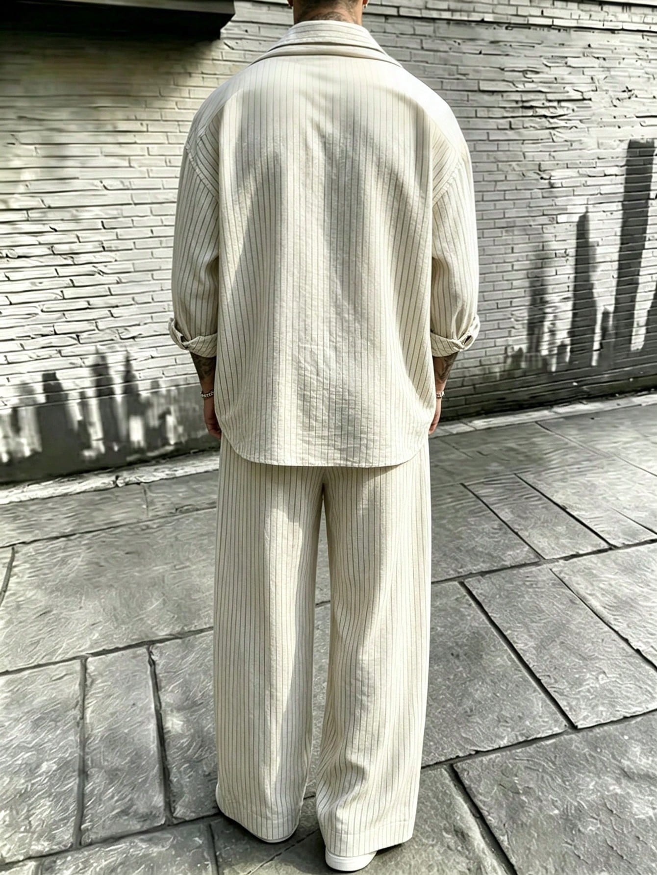 Men's Casual  Striped Print Long-Sleeve Shirt And Wide-Leg Pants Two-Piece Set