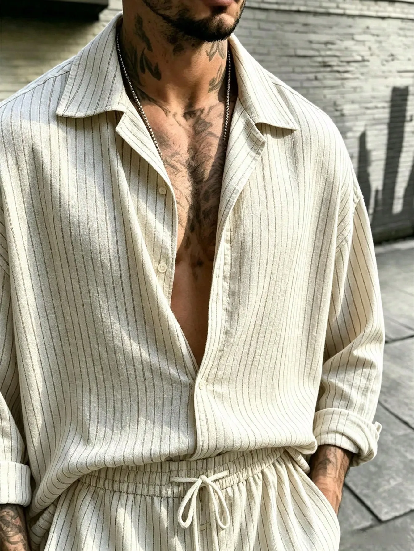 Men's Casual  Striped Print Long-Sleeve Shirt And Wide-Leg Pants Two-Piece Set