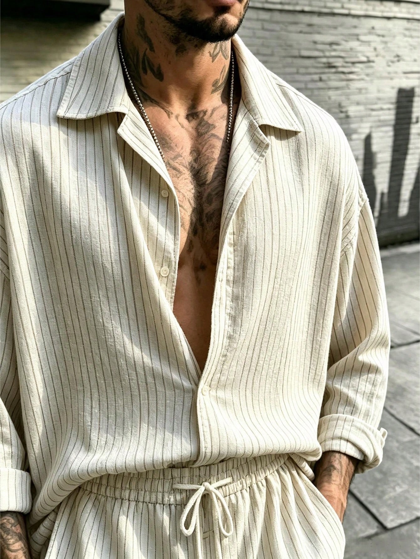 Men's Casual  Striped Print Long-Sleeve Shirt And Wide-Leg Pants Two-Piece Set