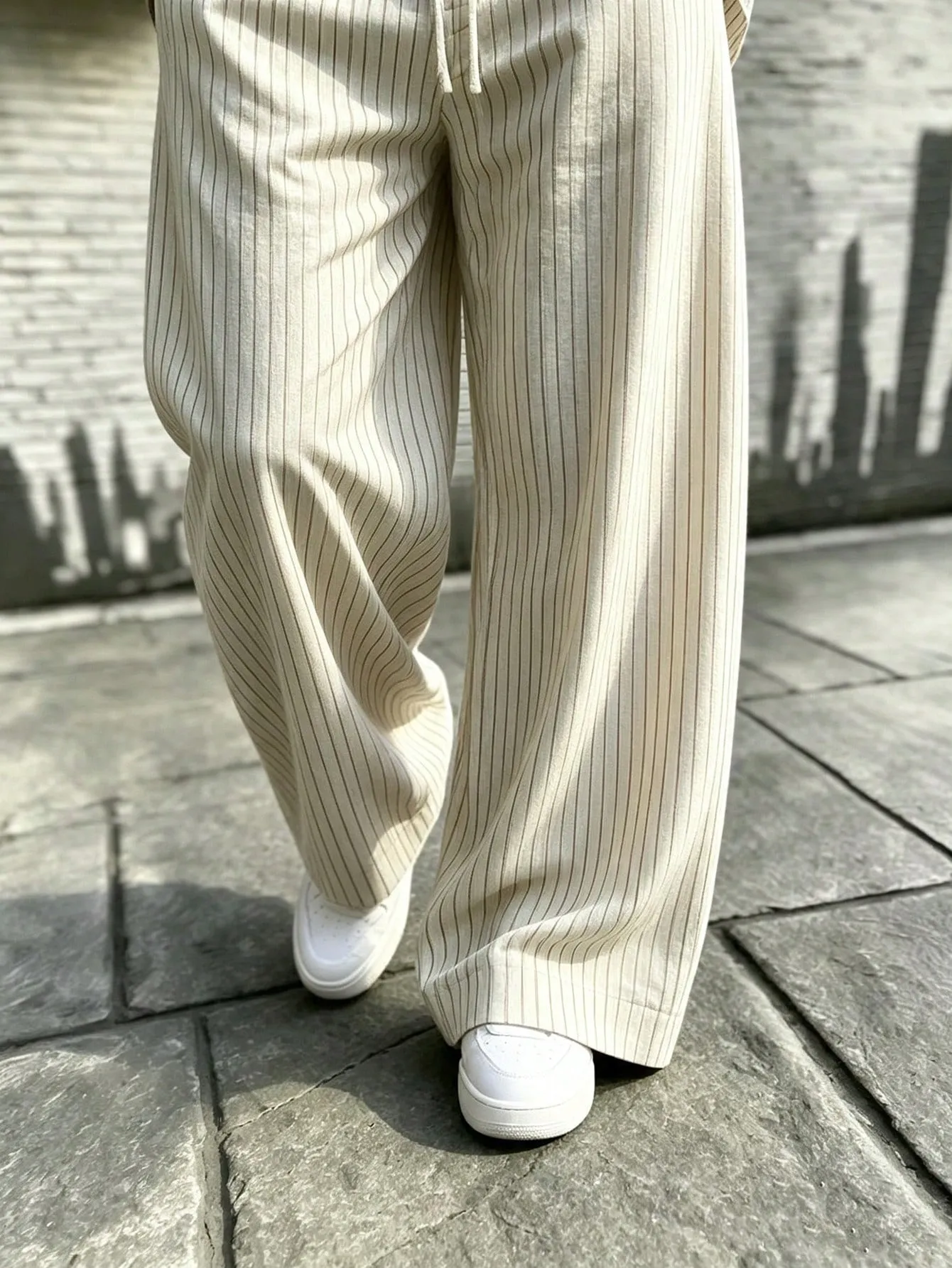 Men's Casual  Striped Print Long-Sleeve Shirt And Wide-Leg Pants Two-Piece Set