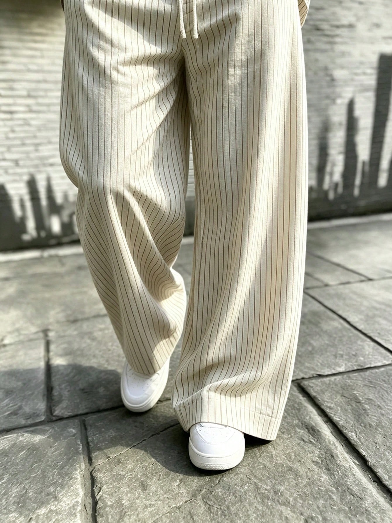 Men's Casual  Striped Print Long-Sleeve Shirt And Wide-Leg Pants Two-Piece Set