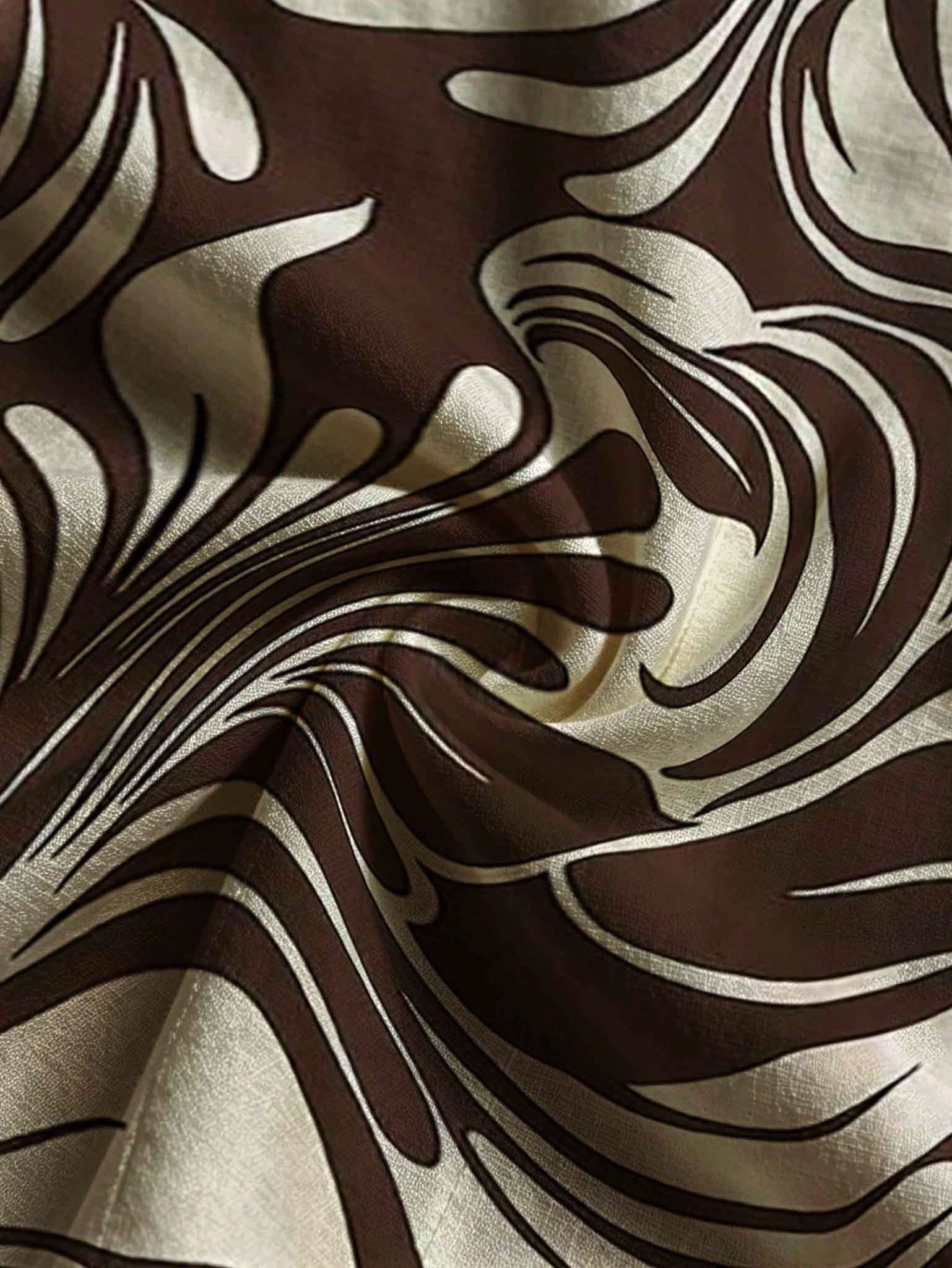 Men's Brown And White Wavy Artistic Print Long Sleeve Shirt With Turn-Down Collar