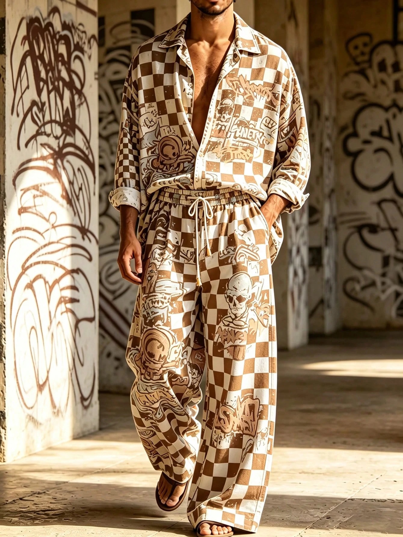 Men's Casual Print Long-Sleeve Shirt And Wide-Leg Pants Two-Piece Set