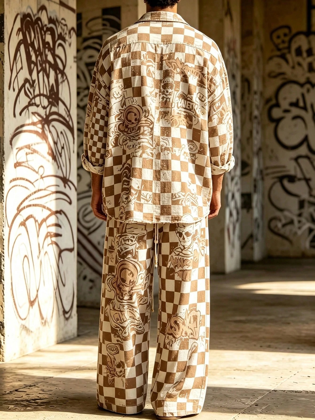 Men's Casual Print Long-Sleeve Shirt And Wide-Leg Pants Two-Piece Set