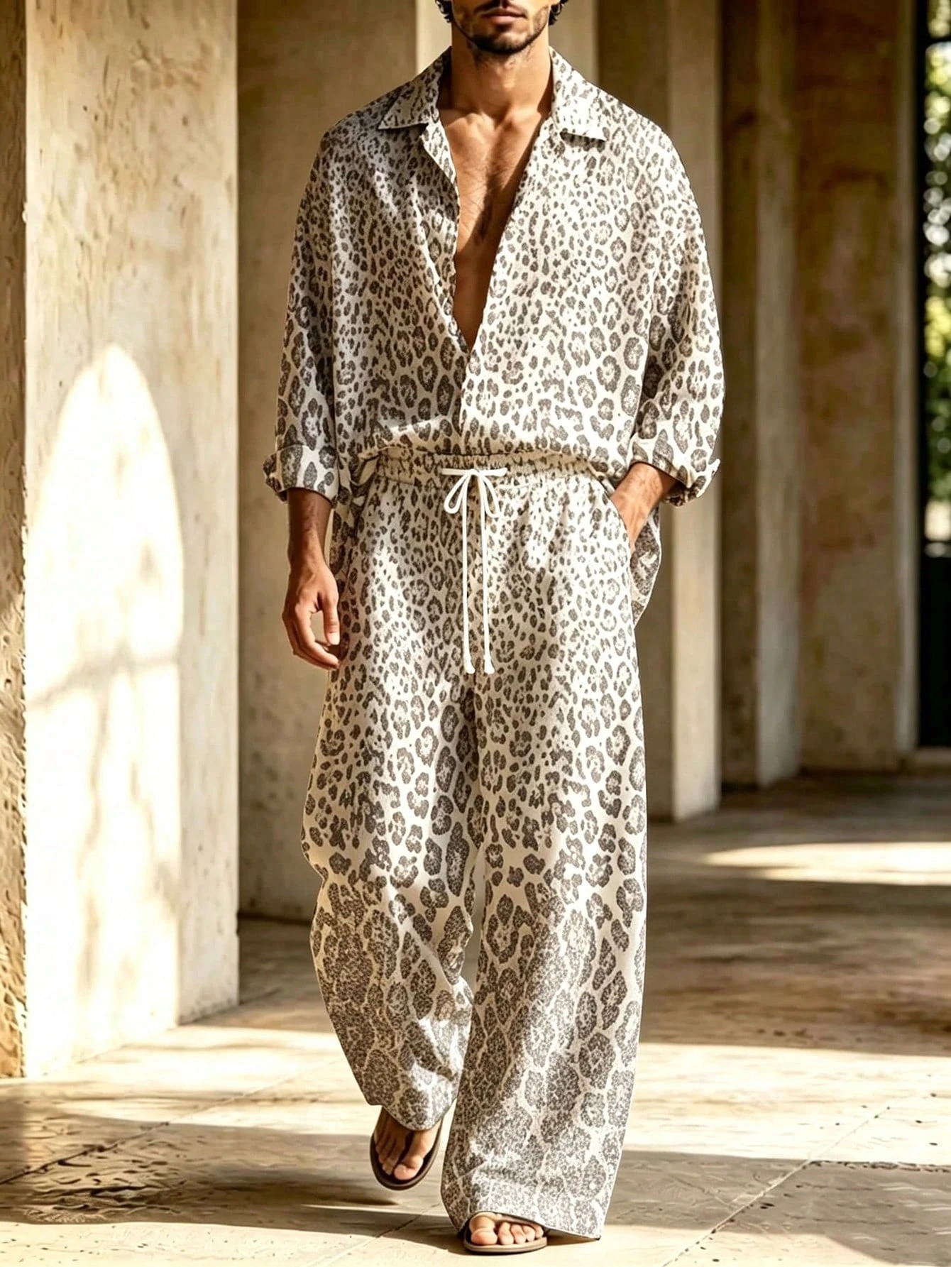 Men's Brown And White Wavy Artistic Print Long Sleeve Shirt With Turn-Down Collar + Drawstring Wide-Leg Trousers Two-Piece Set