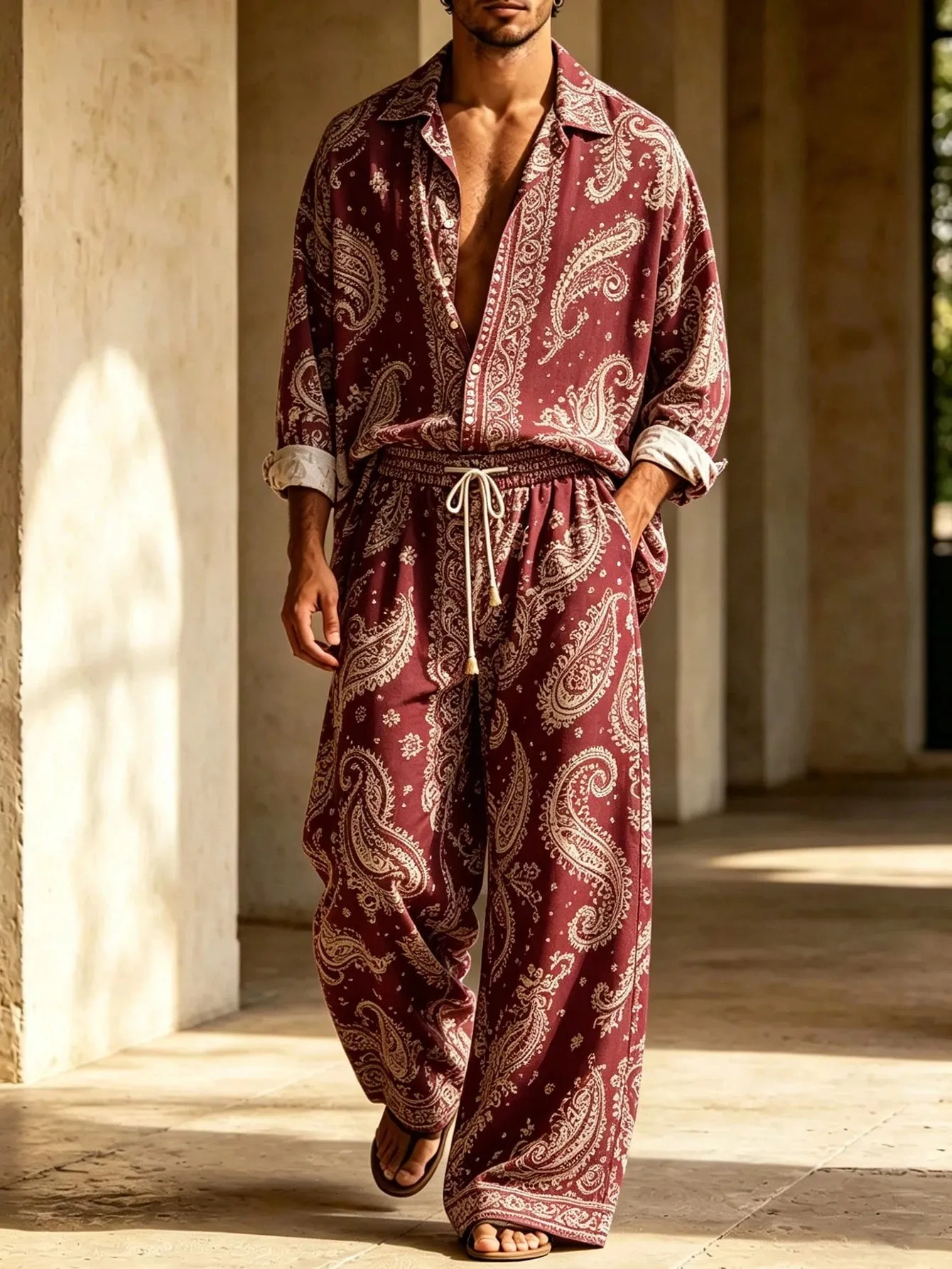 Men's Burgundy Retro Paisley Digital Print Loose Two-Piece Set