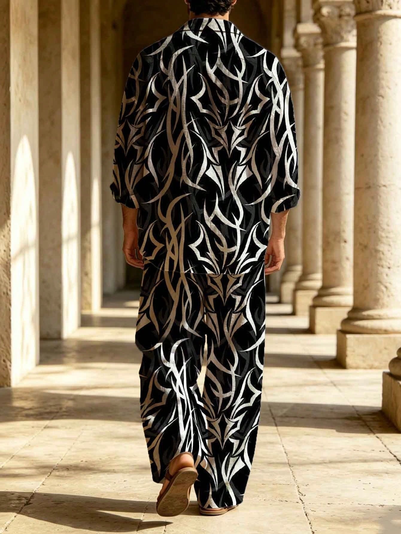 Men's Casual Abstract Thorn Print Two-Piece Set